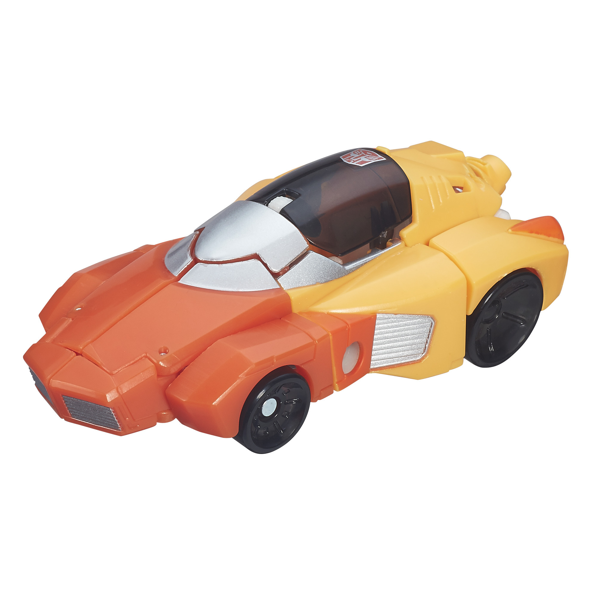 Pomarańczowo-żółta zabawka samochodu transformera. Czarne koła, przezroczyste okna i srebrne akcenty. Białe tło.