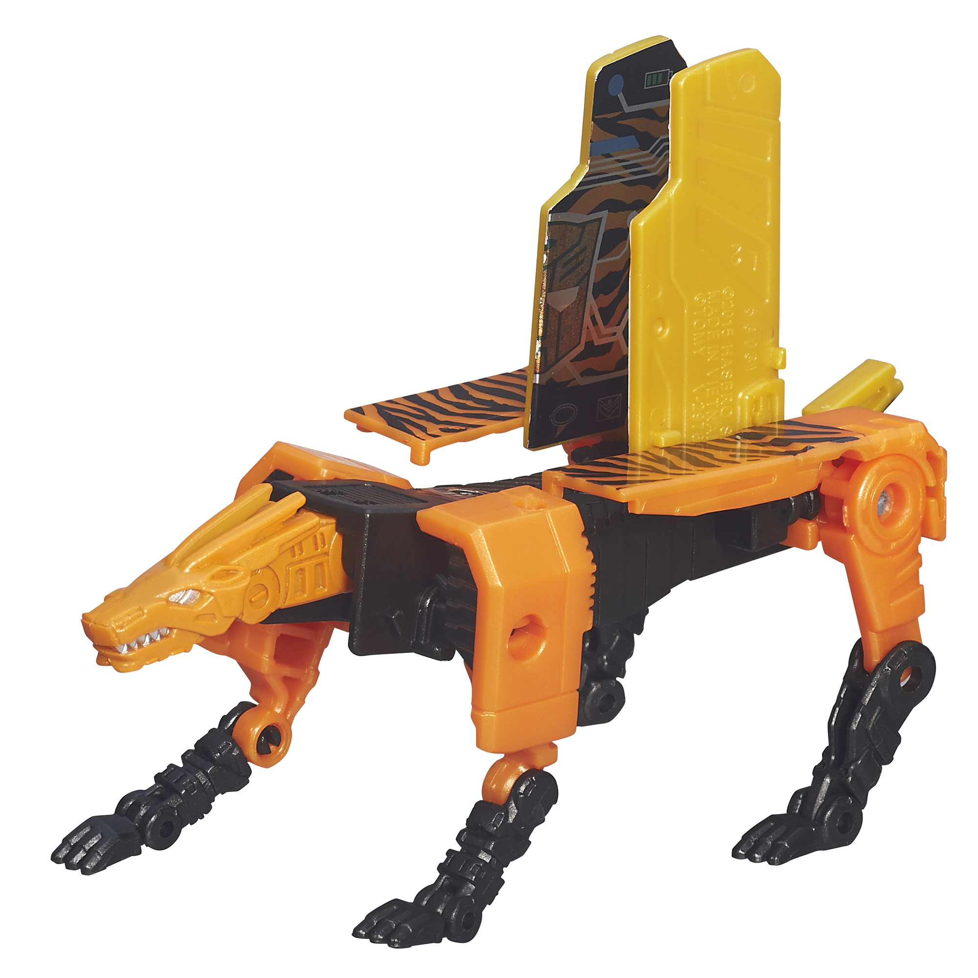Zabawka transformatora w kształcie zwierzęcia. Jest pomarańczowy i czarny z żółtymi akcentami.