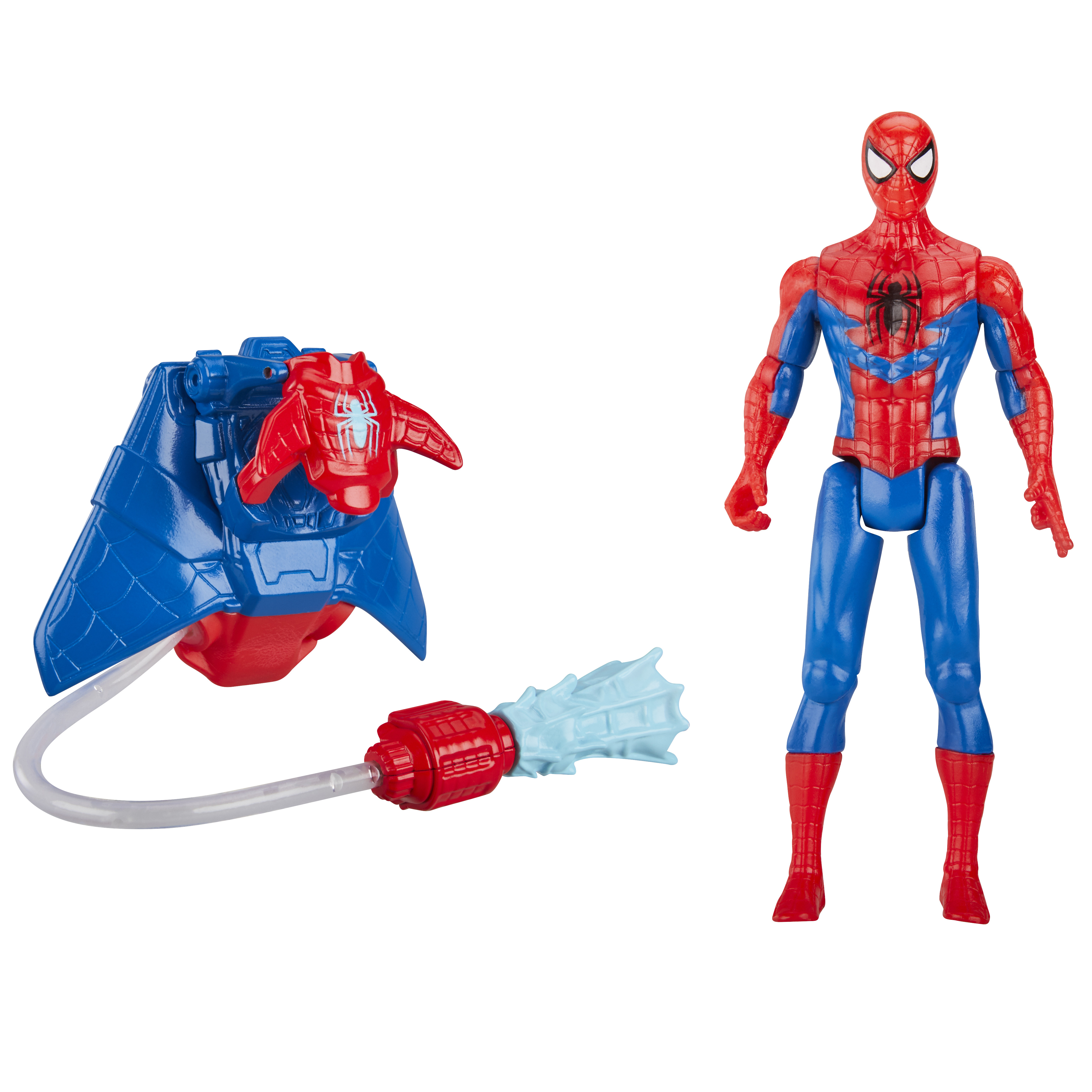 Action figure di Spider-Man con lanciaragnatele e accessori. La figura è rossa e blu. Sfondo bianco.