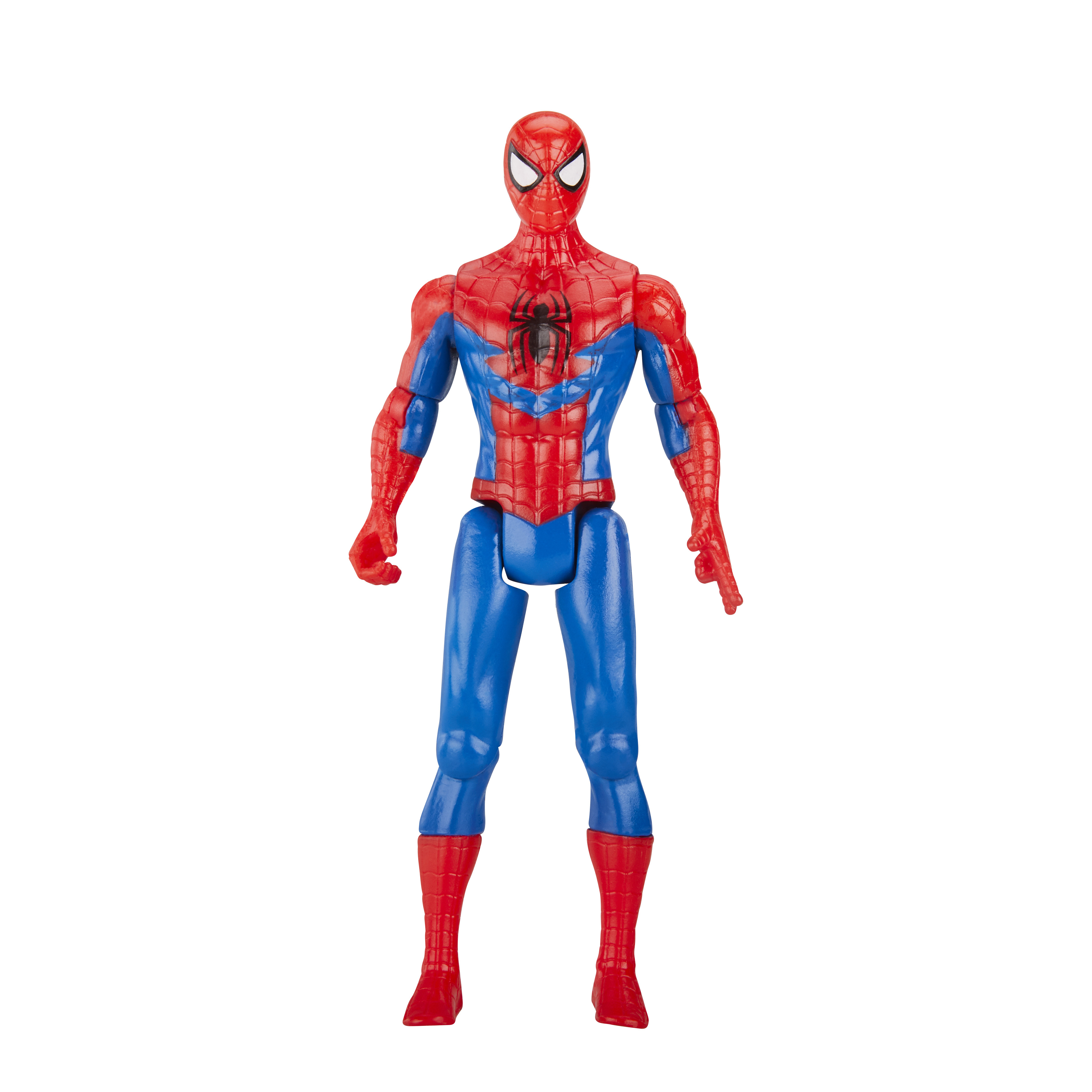 Action figure di Spider-Man. Abito rosso e blu, in piedi, braccia lungo i fianchi. Sfondo bianco.