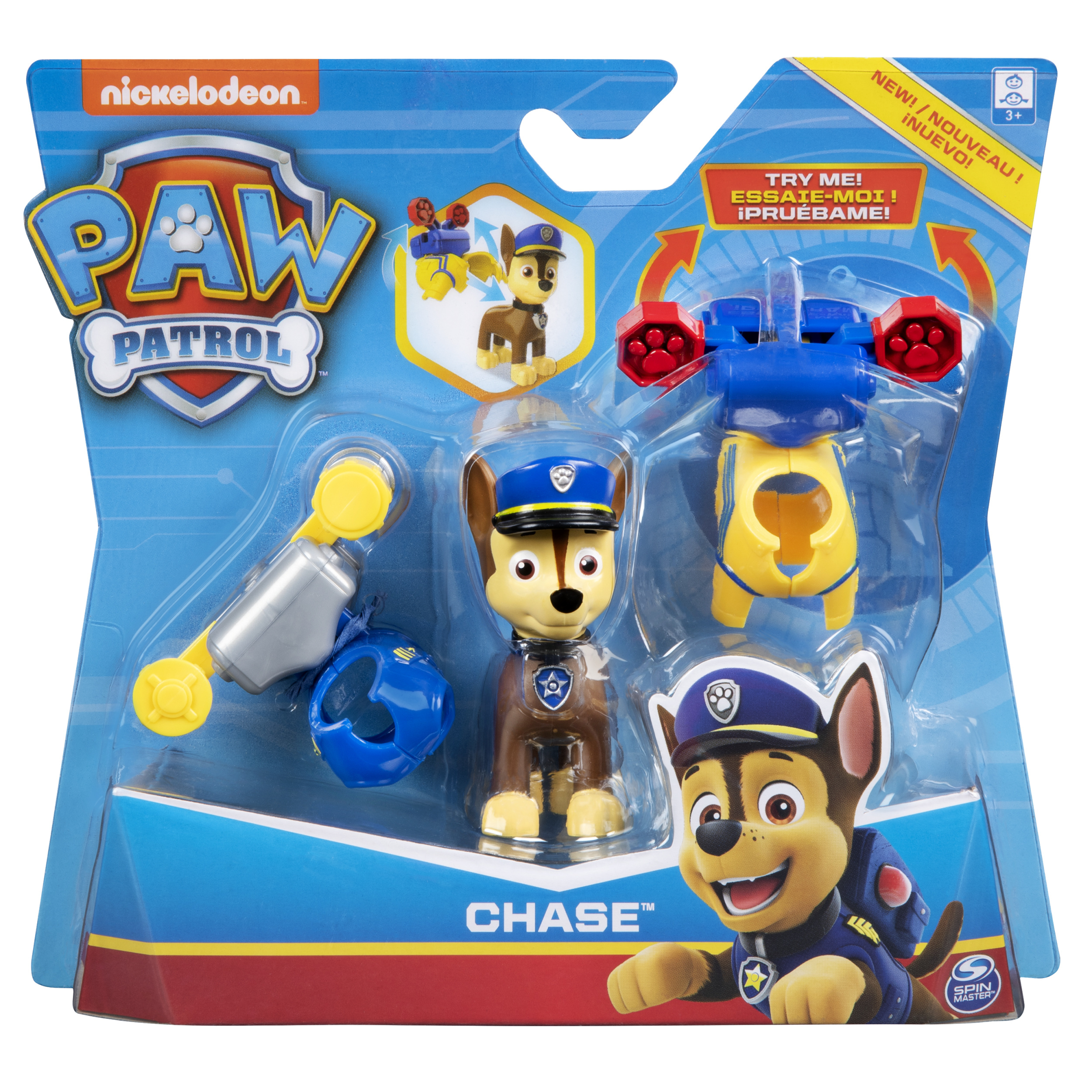 Set de juguetes Paw Patrol Chase. Figura de Chase, accesorios y embalaje con personajes y logo.