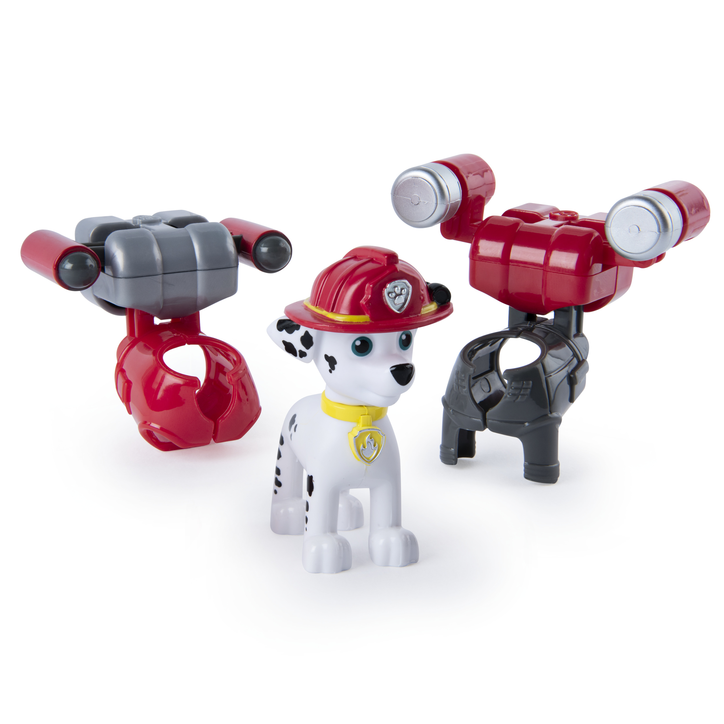 Figura de Paw Patrol Marshall con dos partes desmontables rojas y grises sobre fondo blanco.