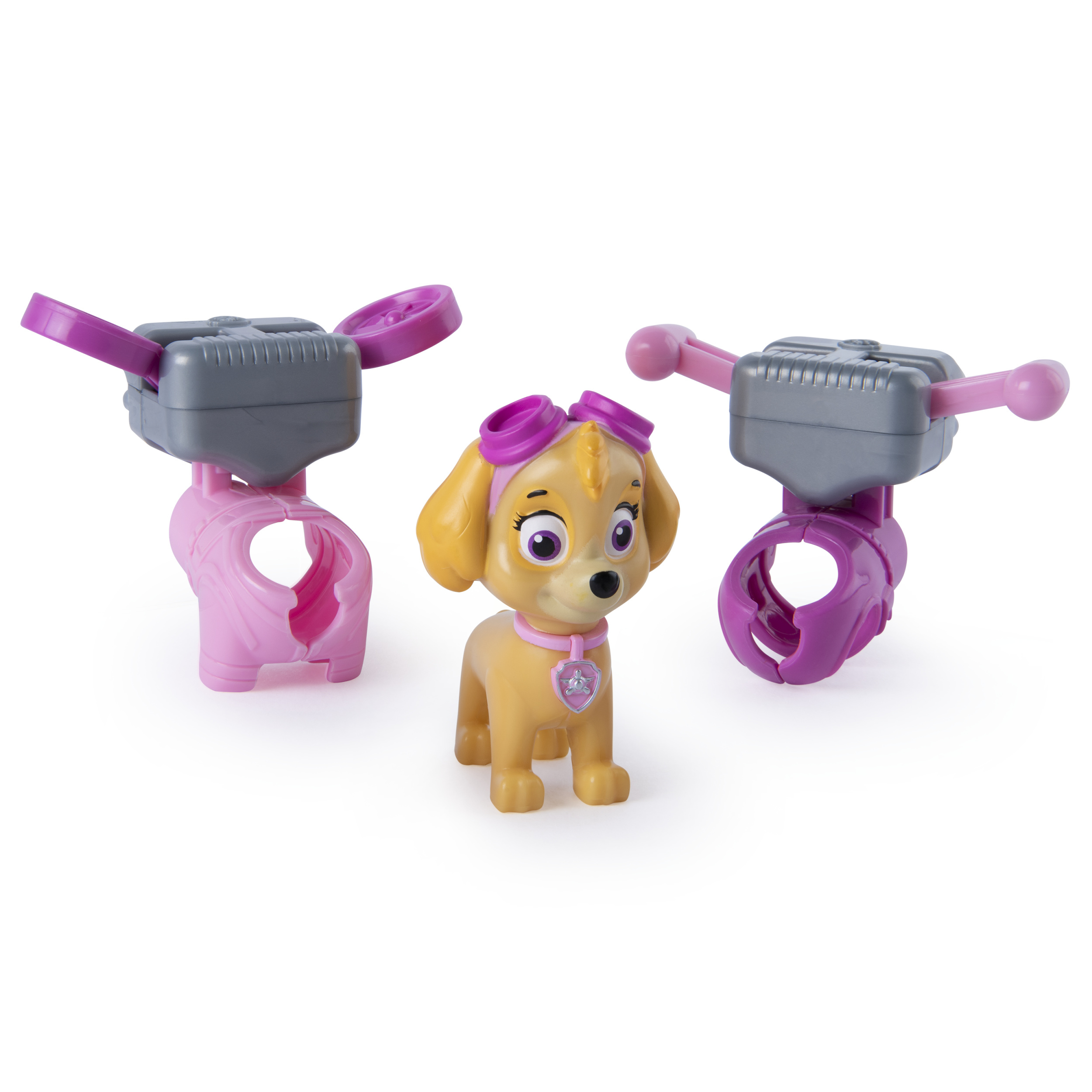 Figura de juguete Paw Patrol Skye con alas y dos partes de vehículo.