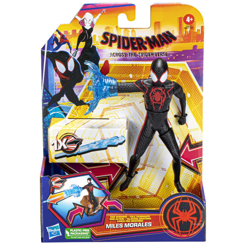 Embalaje de un juguete de Spider-Man. La figura es Miles Morales, con telarañas y una telaraña azul.