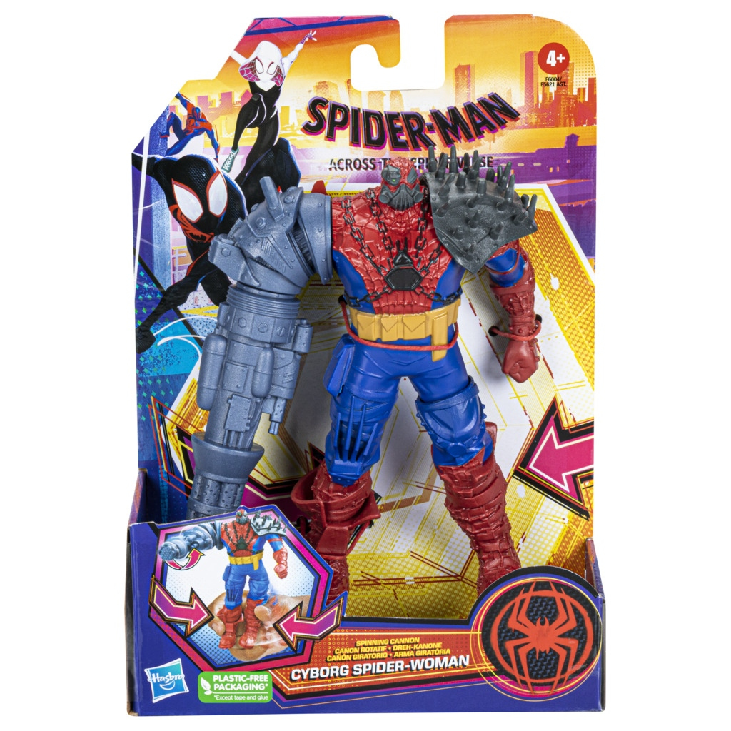 Figura de acción de Cyborg Spider-Woman en su embalaje. Incluye un cañón de brazo grande y el logo de Spider-Man.