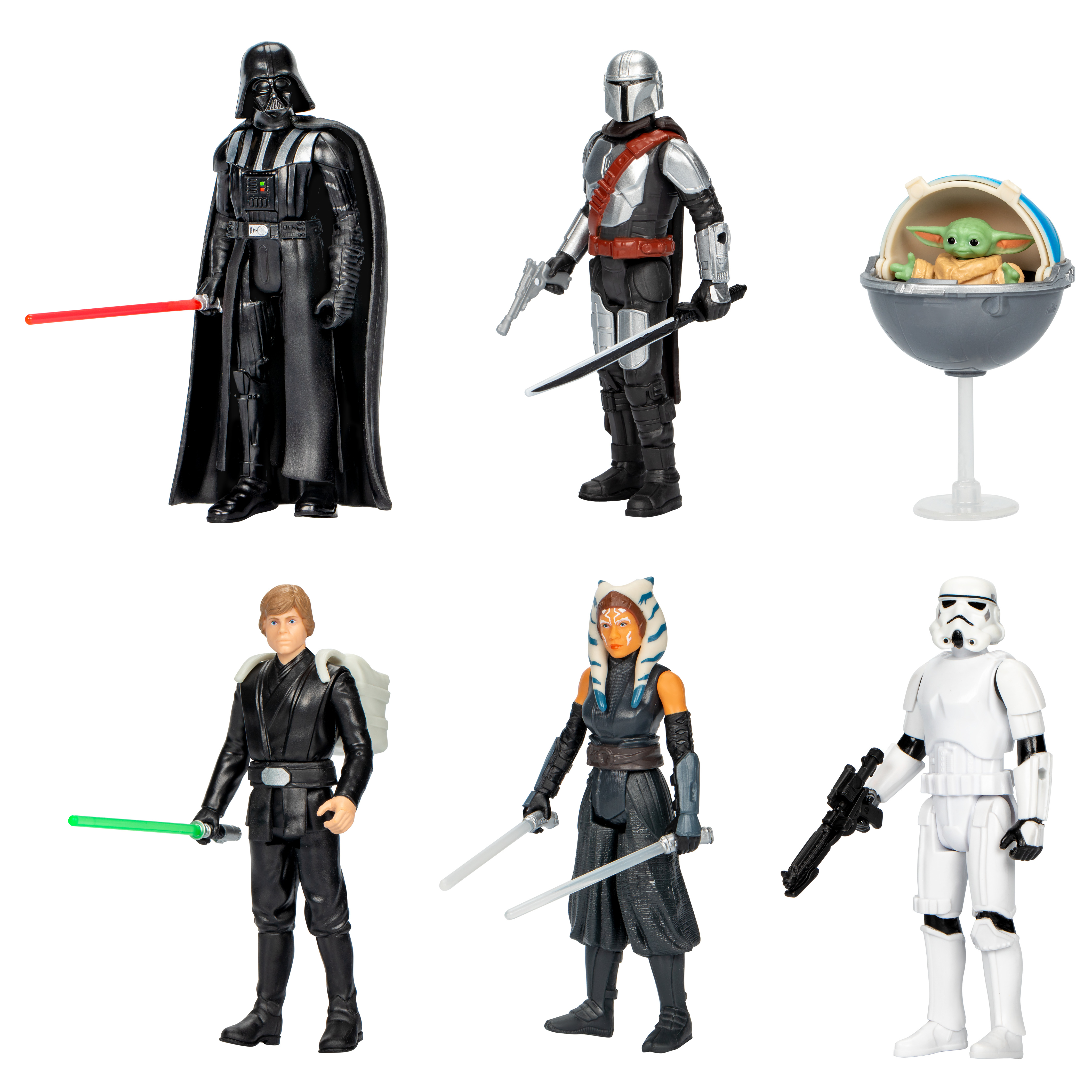 Sześć figurek Star Wars. Darth Vader, The Mandalorian, Grogu, Luke Skywalker, Ahsoka i Szturmowiec.