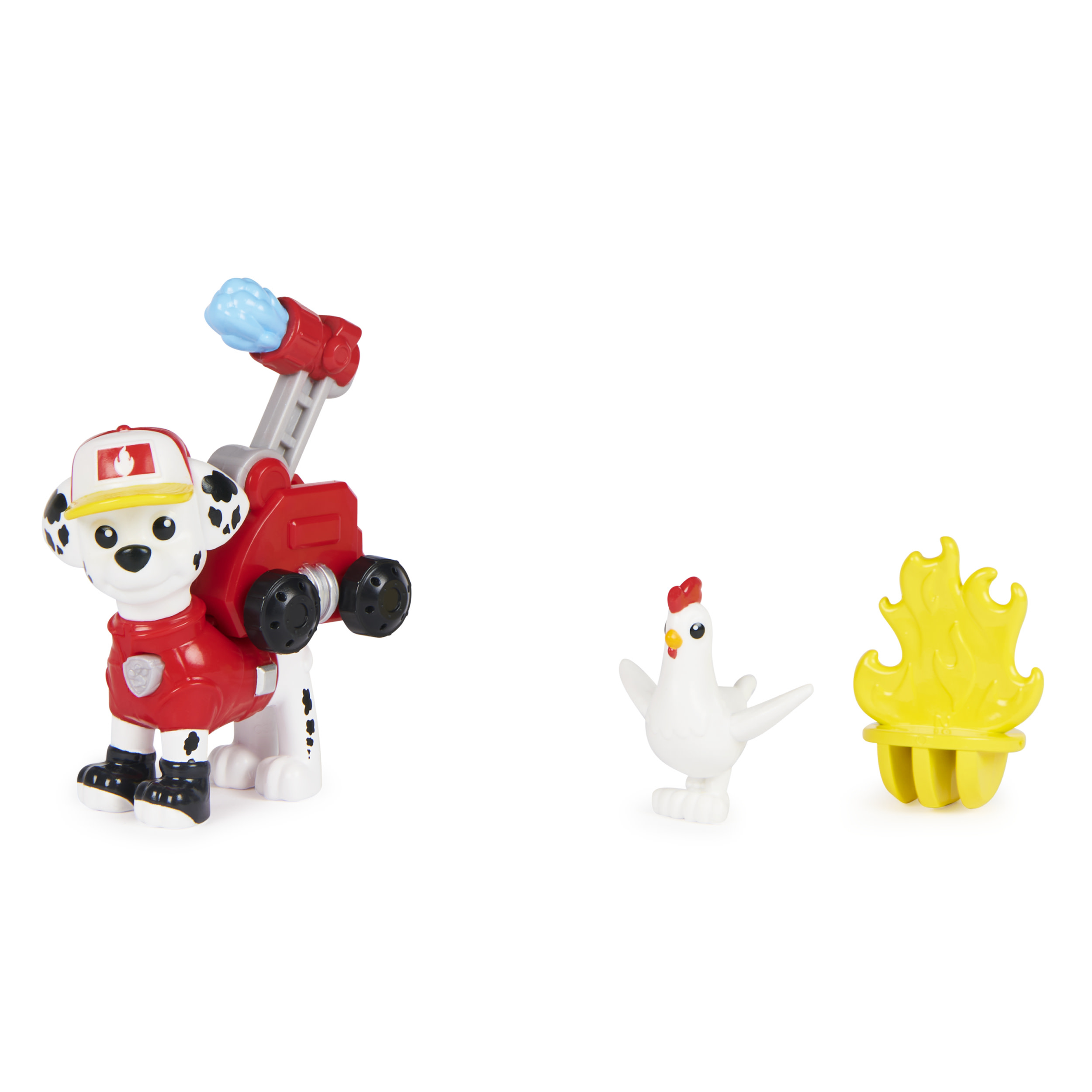 Paw Patrol Spielzeug Marshall mit Zubehör, darunter Huhn und Feuer.