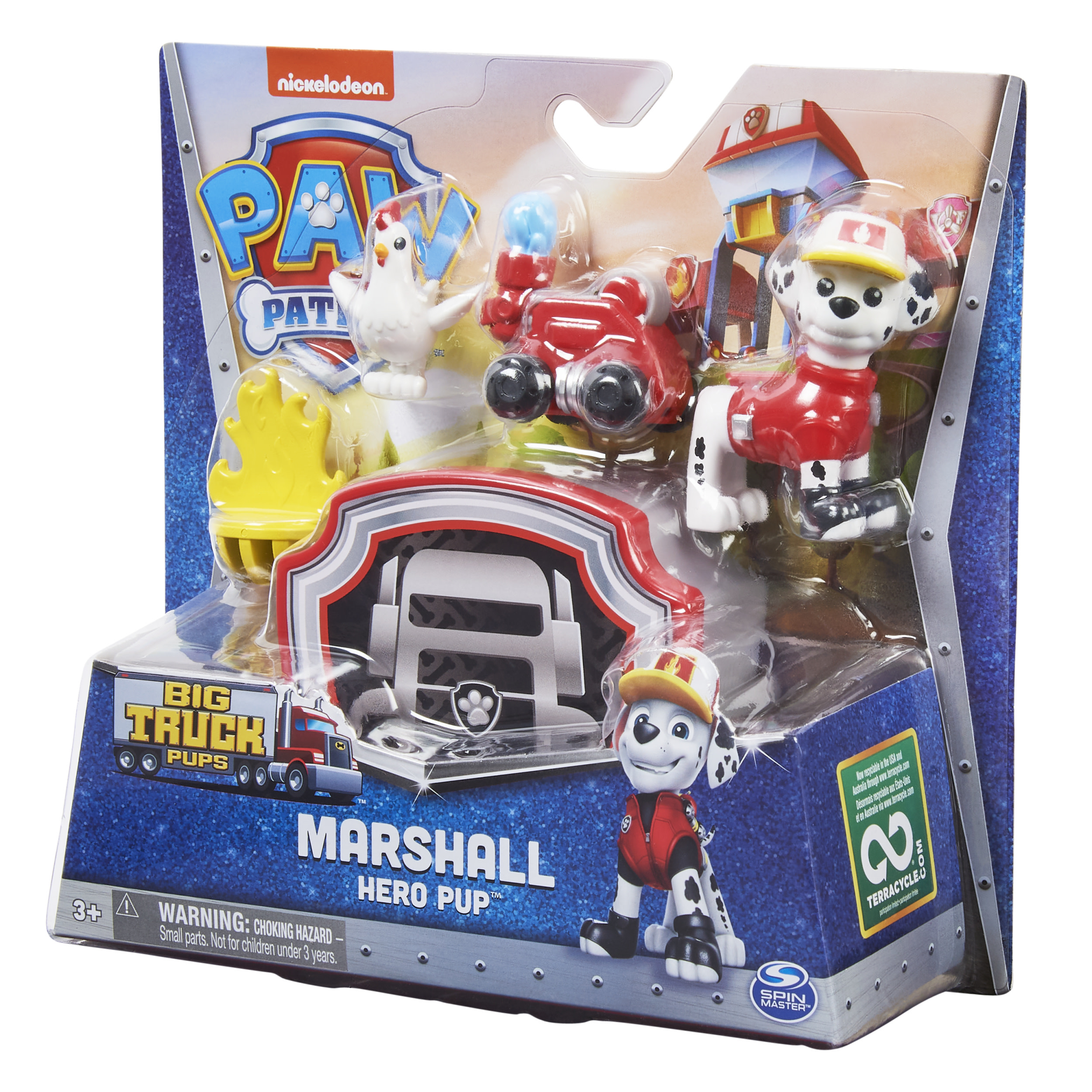 Ein Spielzeugset mit Paw Patrol-Charakteren. Die Box zeigt Marshall, ein Huhn und einen Feuerwehrwagen.