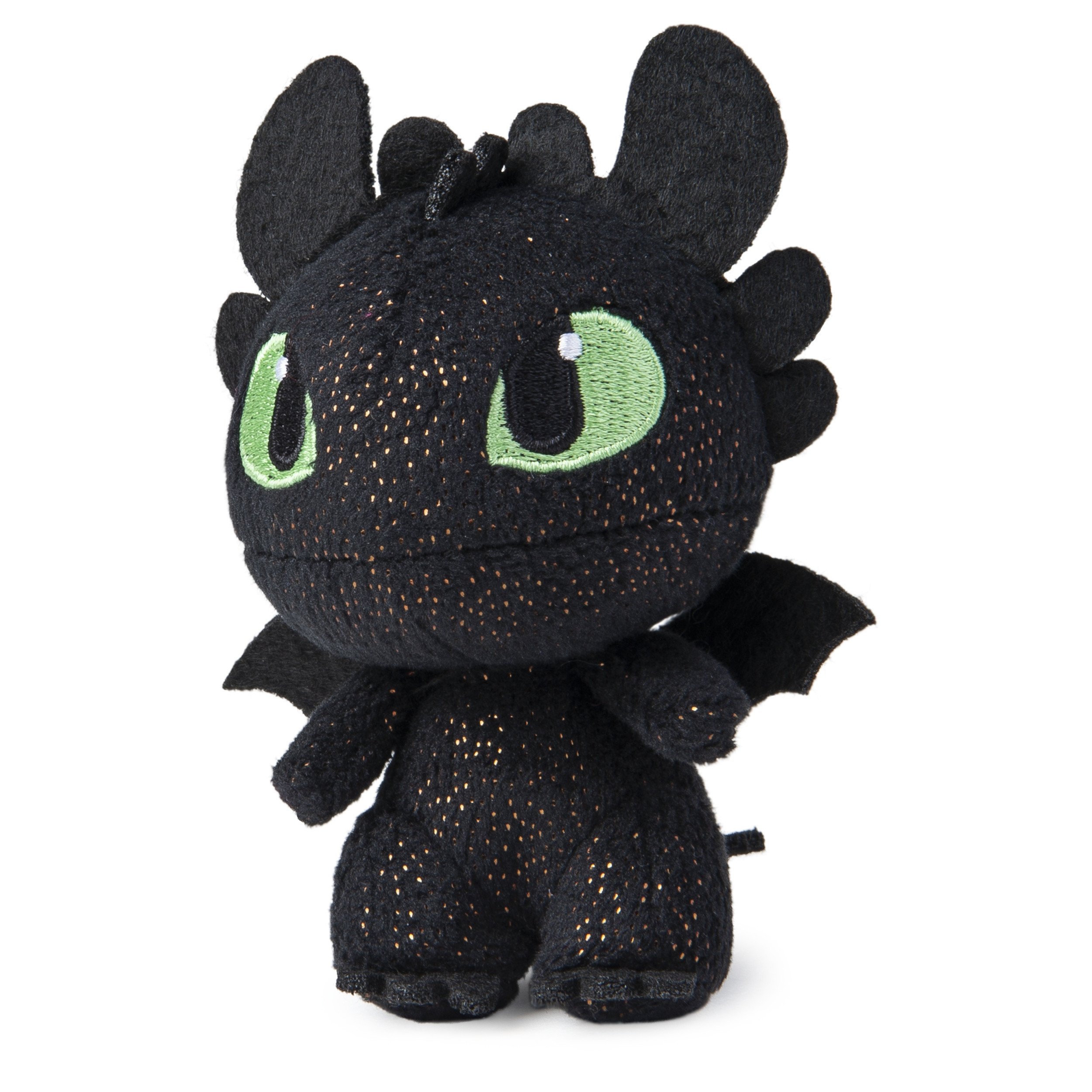 Un peluche di drago nero con occhi verdi e piccole ali.