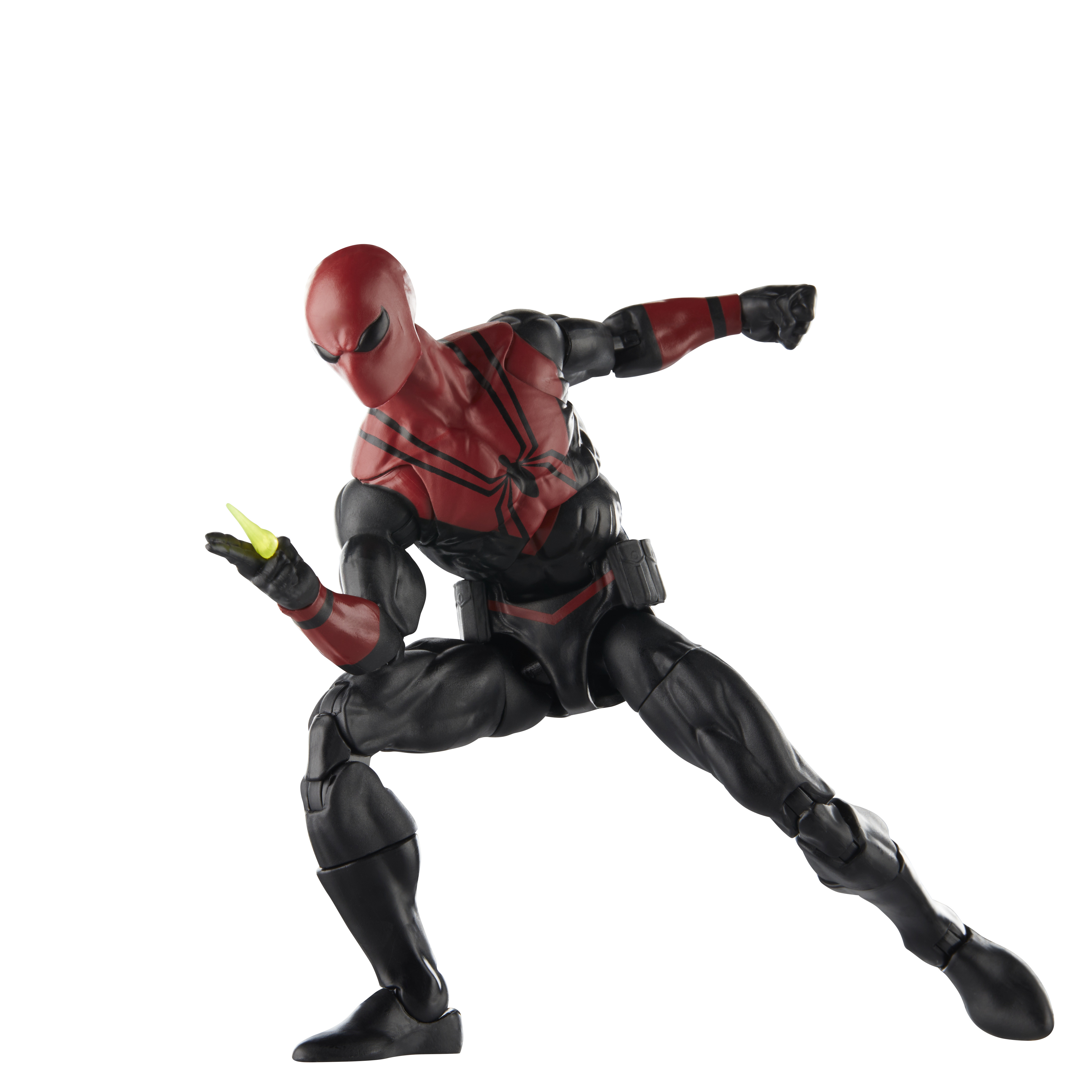 Action figure di Spider-Man in posa dinamica. Abito rosso e nero, con un lanciaragnatele.
