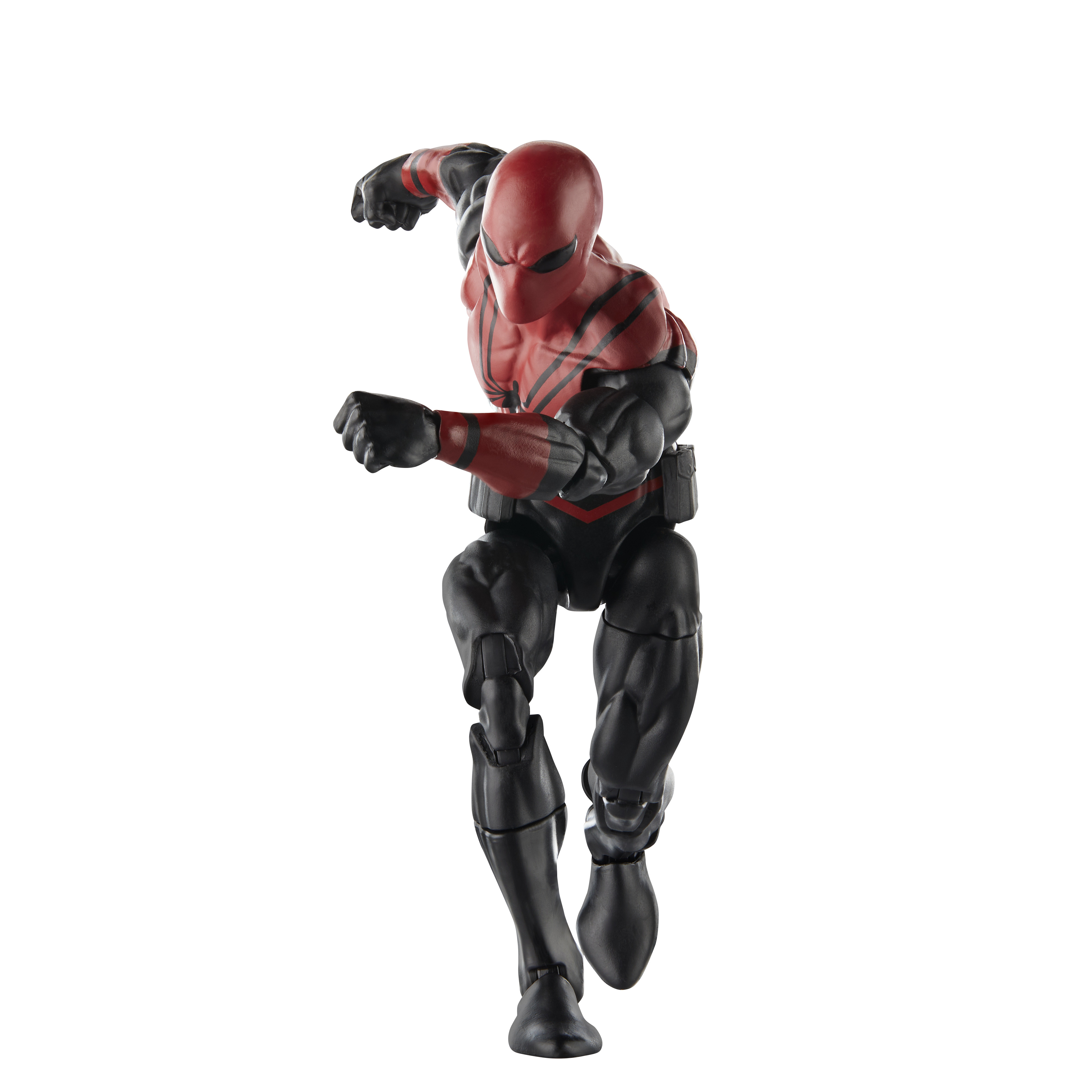 Action figure di Spider-Man in posa di corsa, tuta rossa e nera.