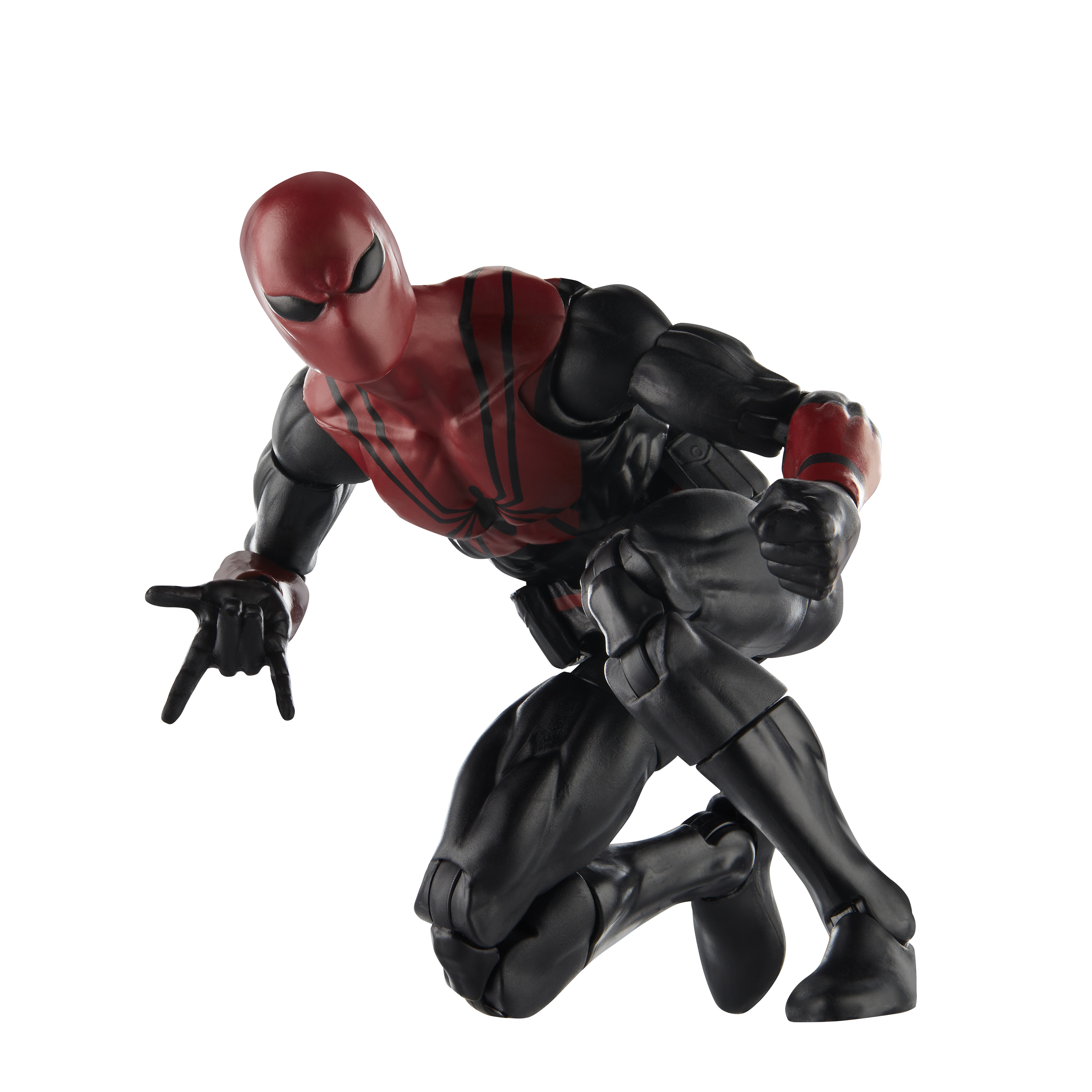 Action figure di Spider-Man accovacciato, tuta rossa e nera.