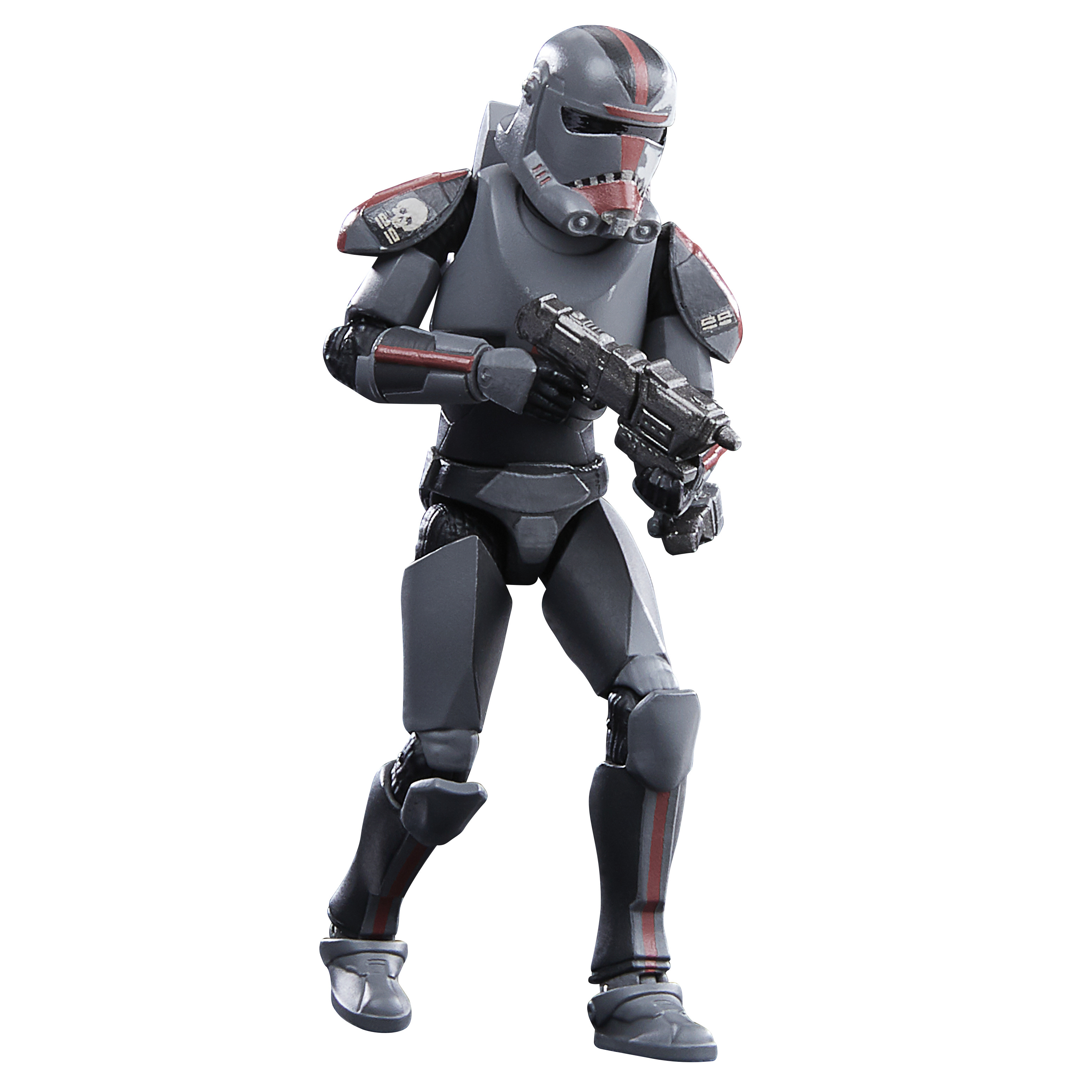 Action figure di Star Wars. Armatura grigia con dettagli rossi, con una pistola. Sfondo bianco.