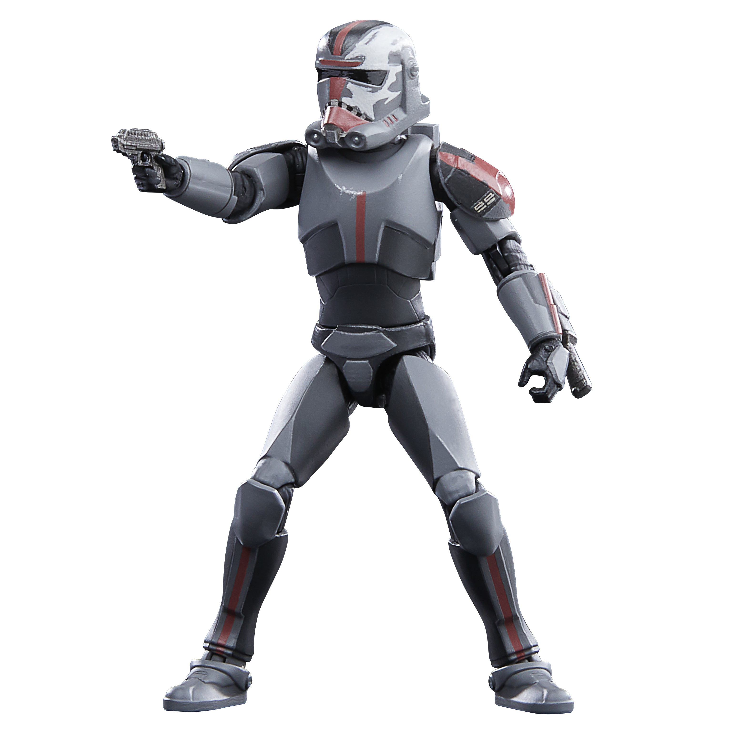 Action figure di Star Wars Clone Trooper con un blaster, in posa di battaglia.