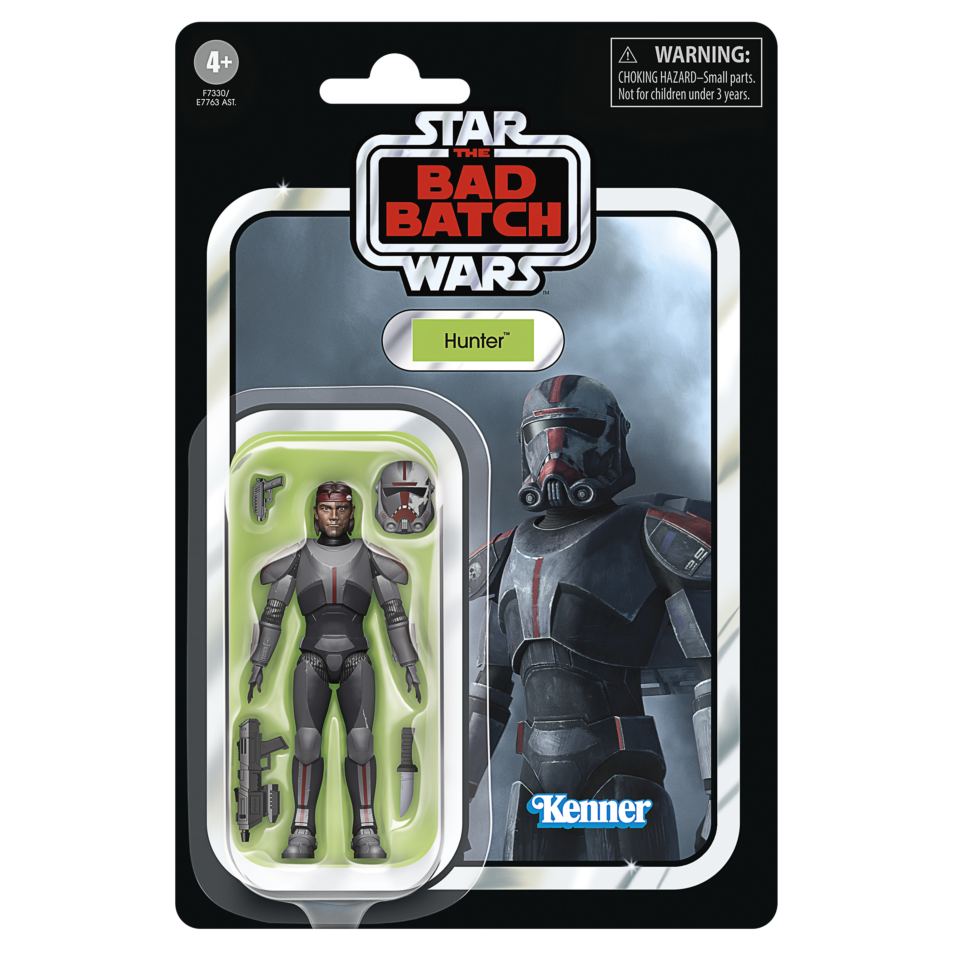 Action figure di Hunter di Star Wars. È in una confezione con un'immagine del personaggio sullo sfondo.