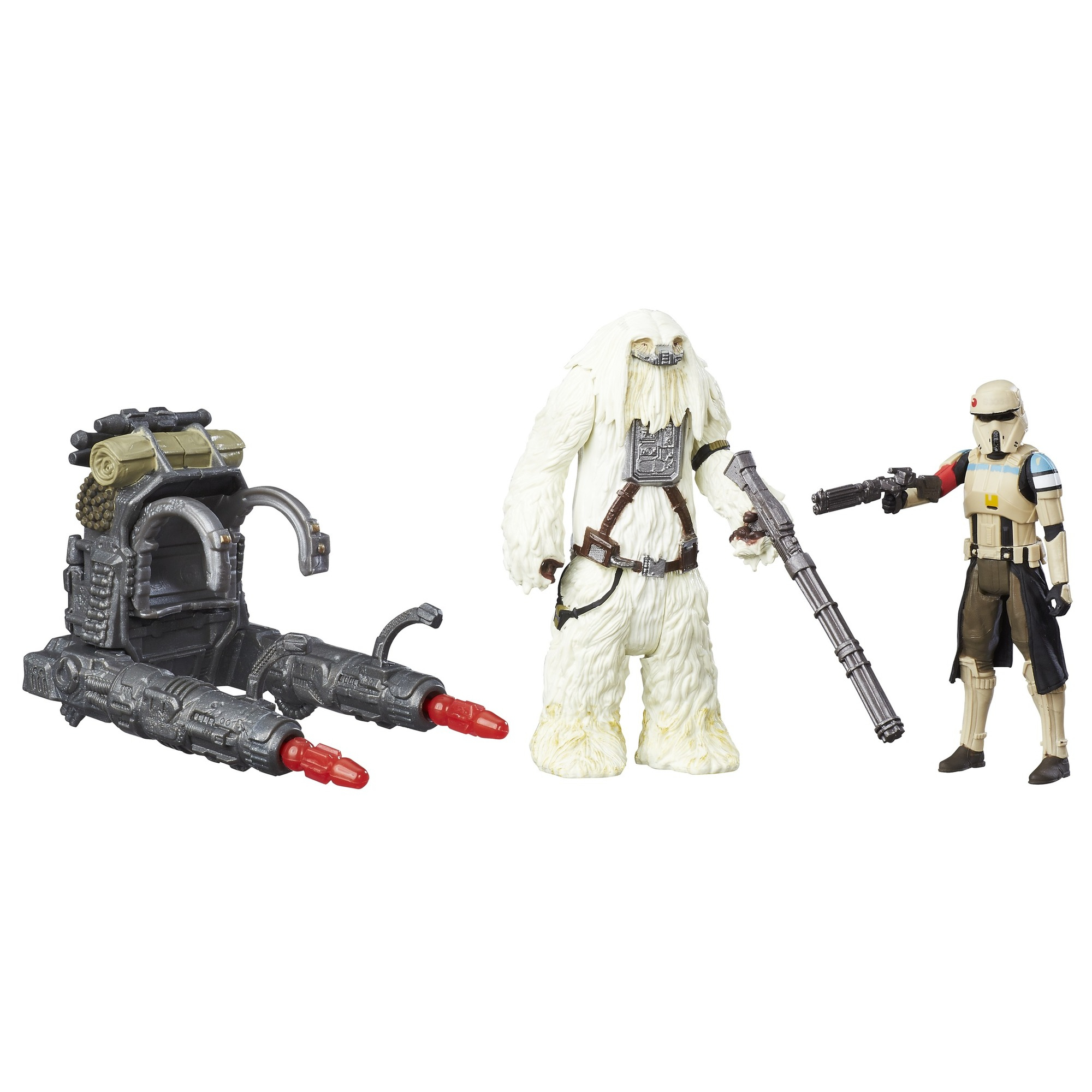 Un set di Star Wars con un veicolo, una creatura pelosa e un soldato con una pistola, il tutto su sfondo bianco.