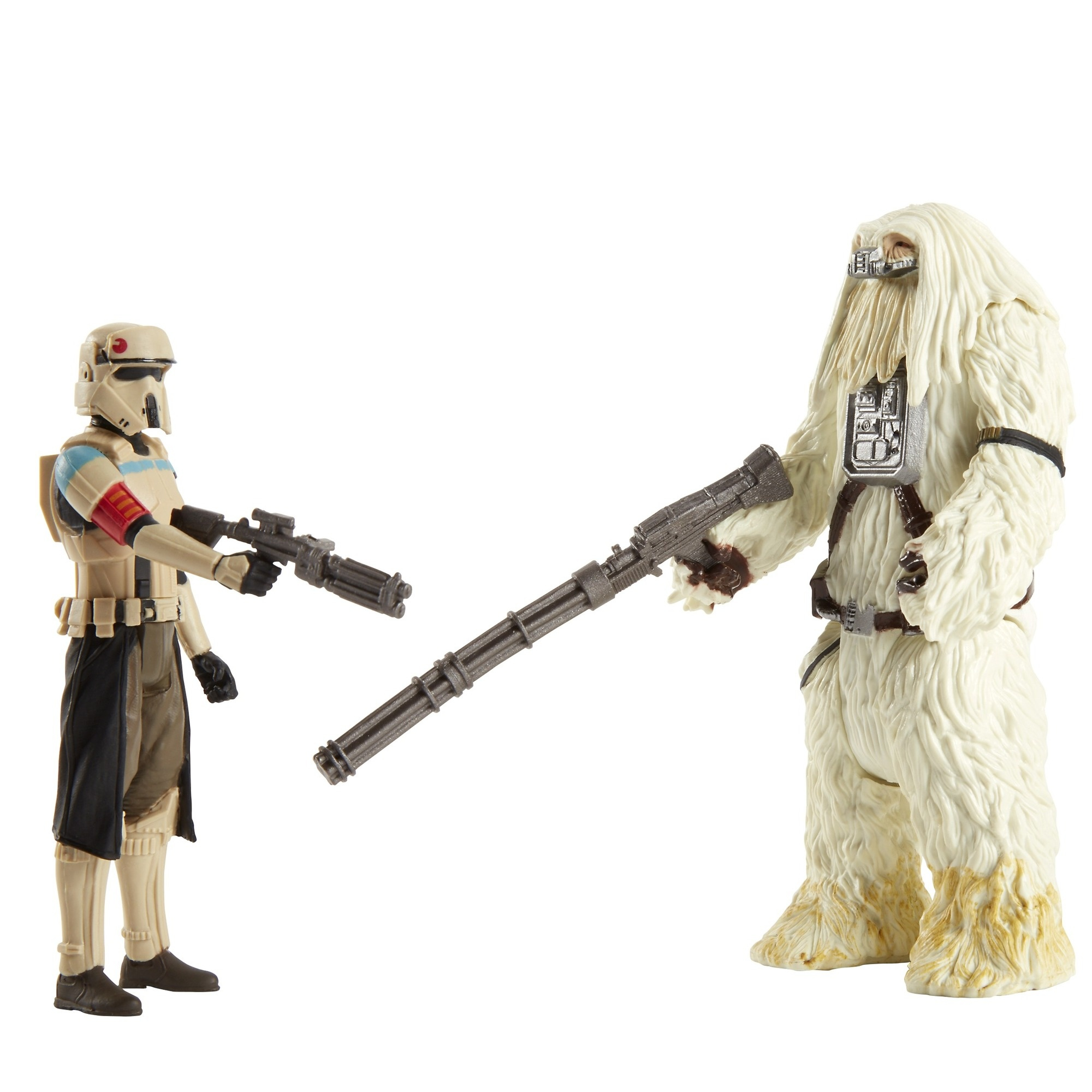 Due figure di Star Wars si fronteggiano, una che tiene una pistola e l'altra un'arma grande.