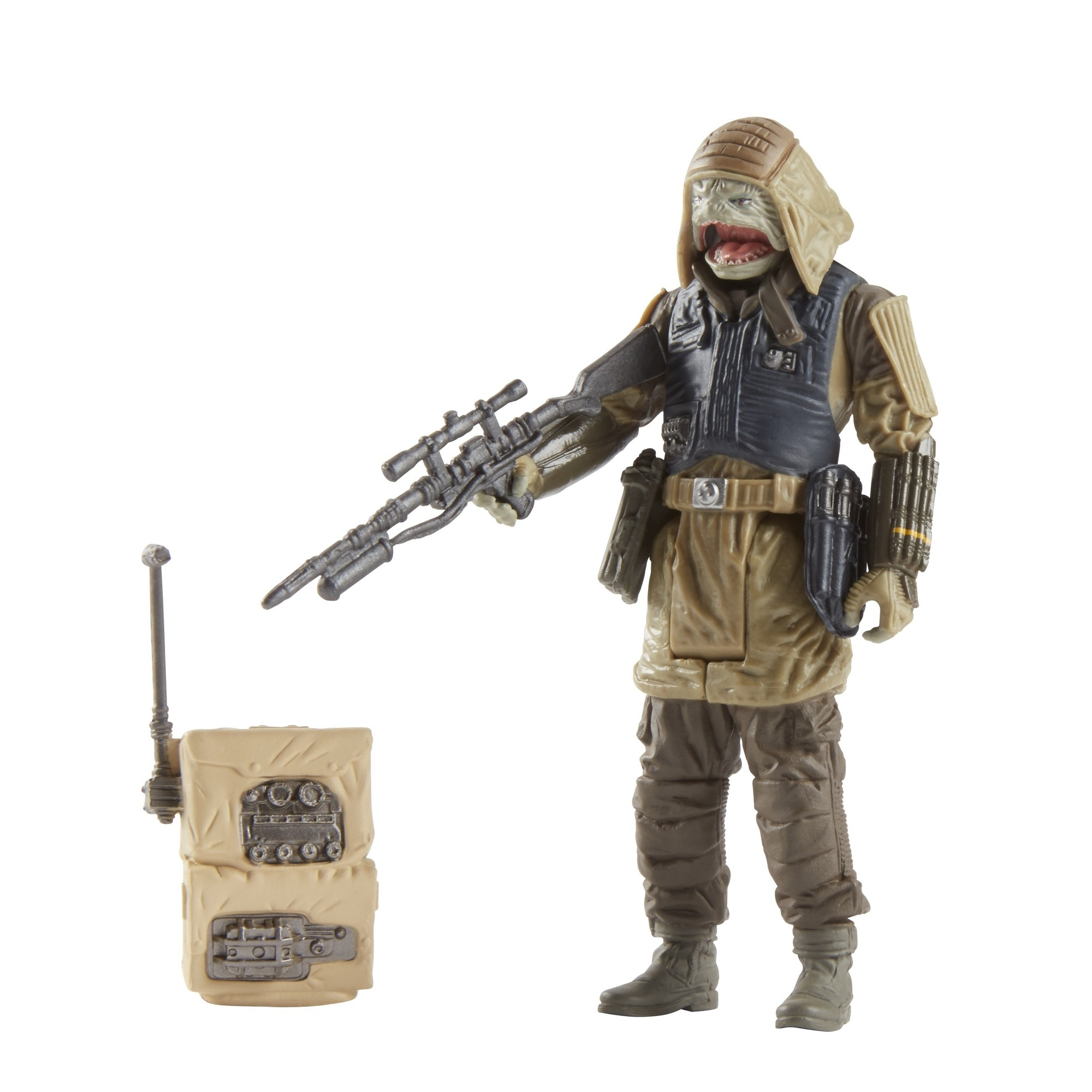 Una figura di Star Wars, con elmetto, abito beige e pistola. È in piedi.
