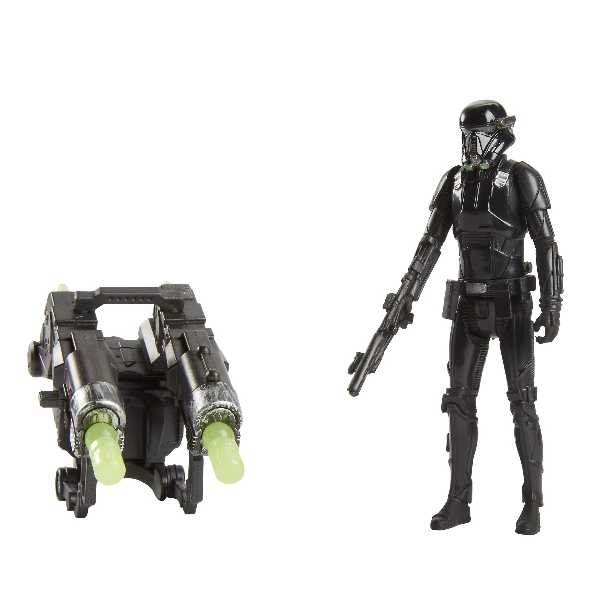 Figura nera di Star Wars con arma e oggetto simile a un veicolo separato con due elementi verdi luminosi.