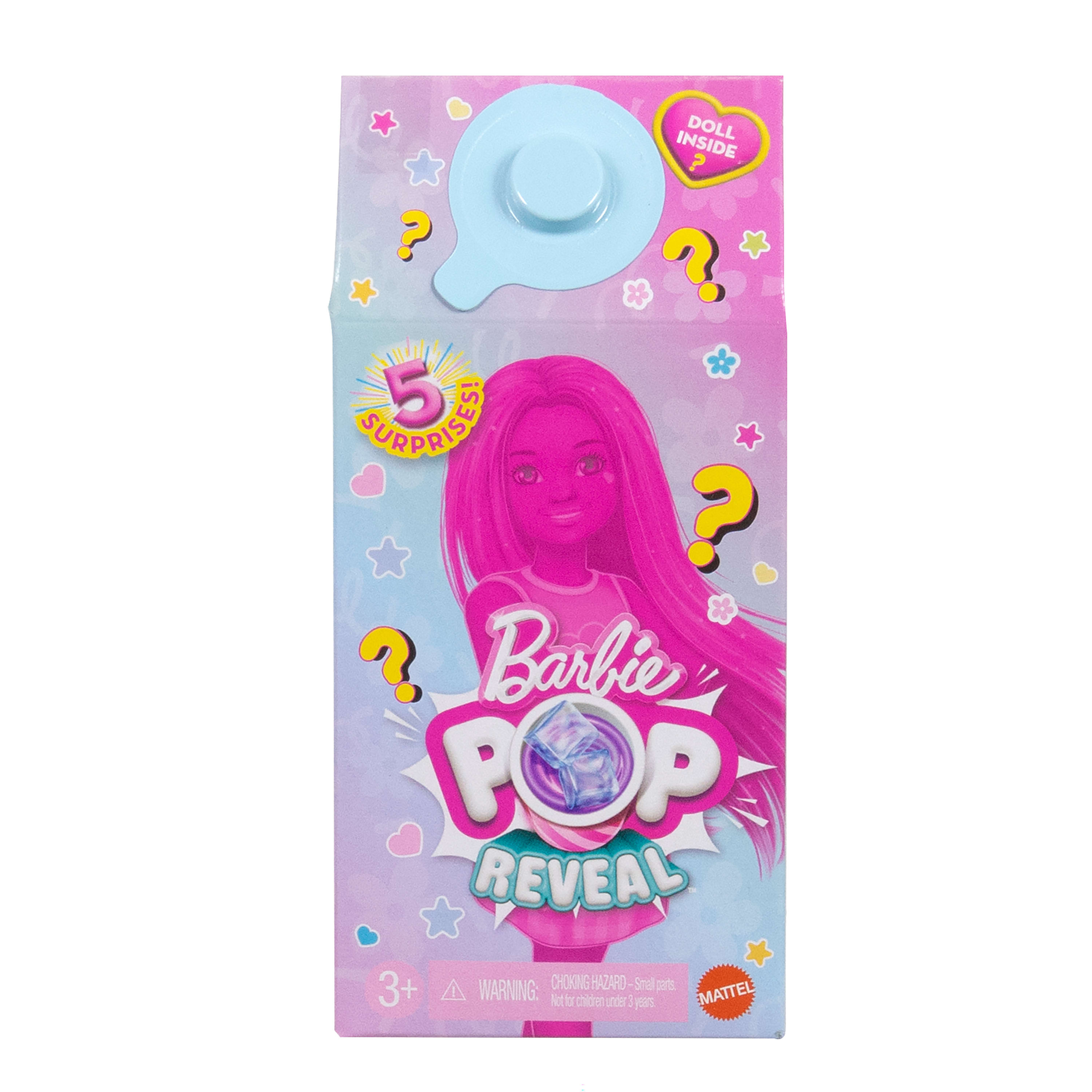 Barbie Pop Reveal Box, pinkes Design, Bild einer Puppe, mit Fragezeichen.