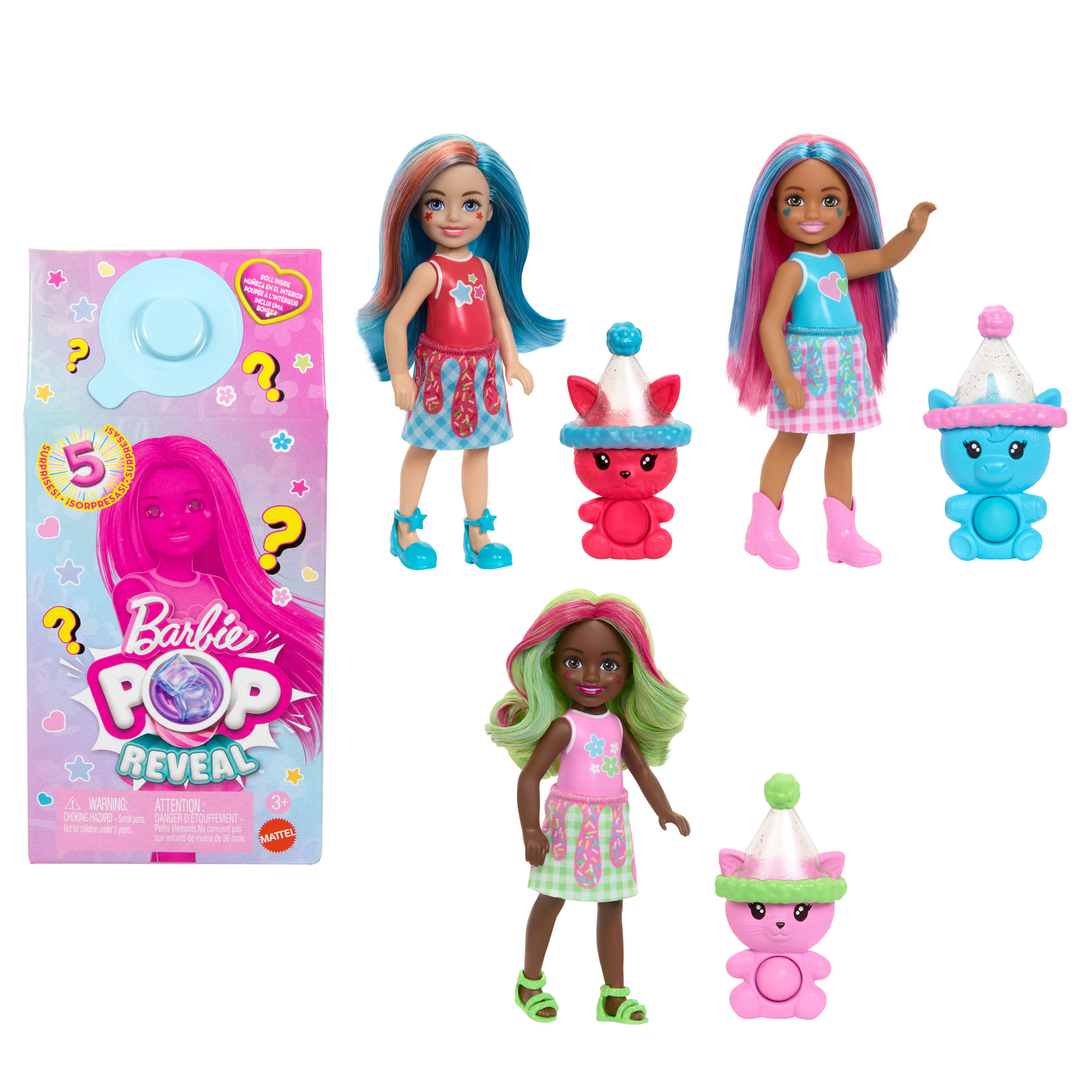 Barbie-Puppen und Zubehör. Drei Puppen mit bunten Haaren, katzenförmigem Spielzeug und einer Barbie Pop Reveal Box.