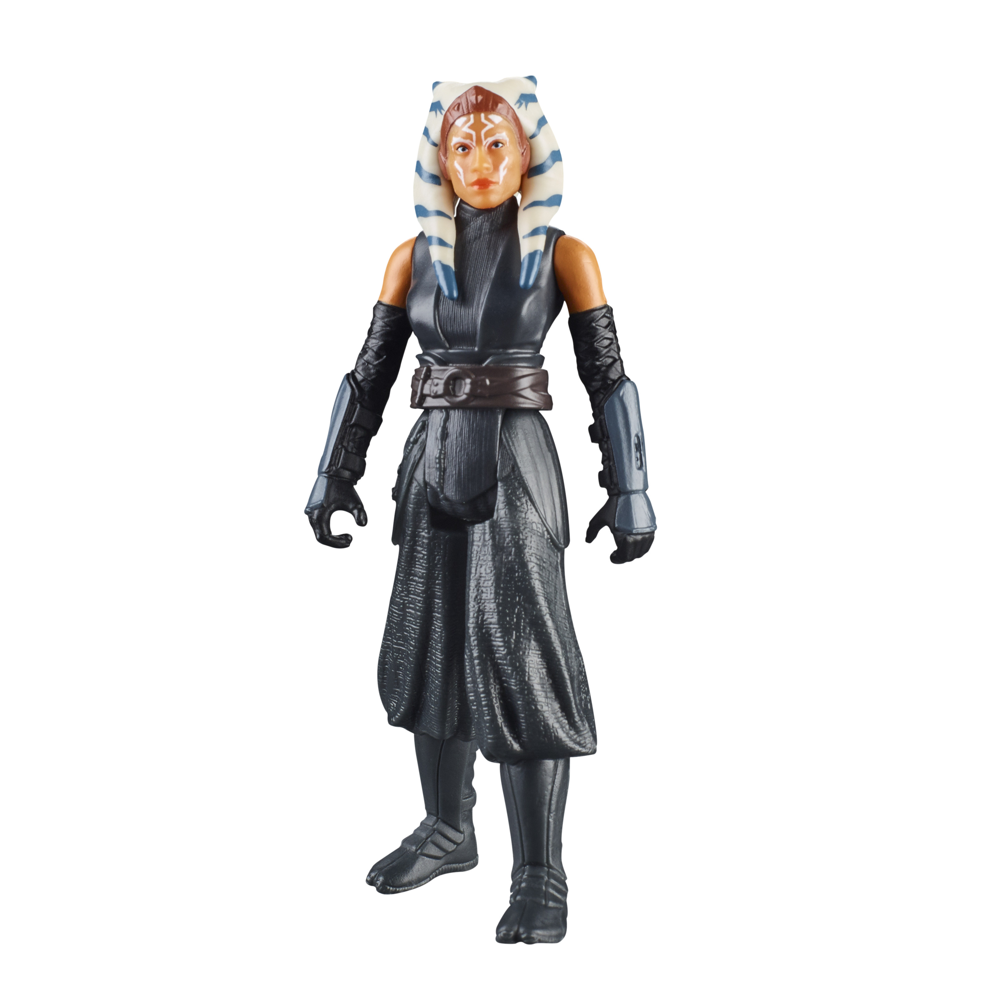 Action figure di Ahsoka Tano. La figura ha code bianche e blu sulla testa e indossa abiti neri.