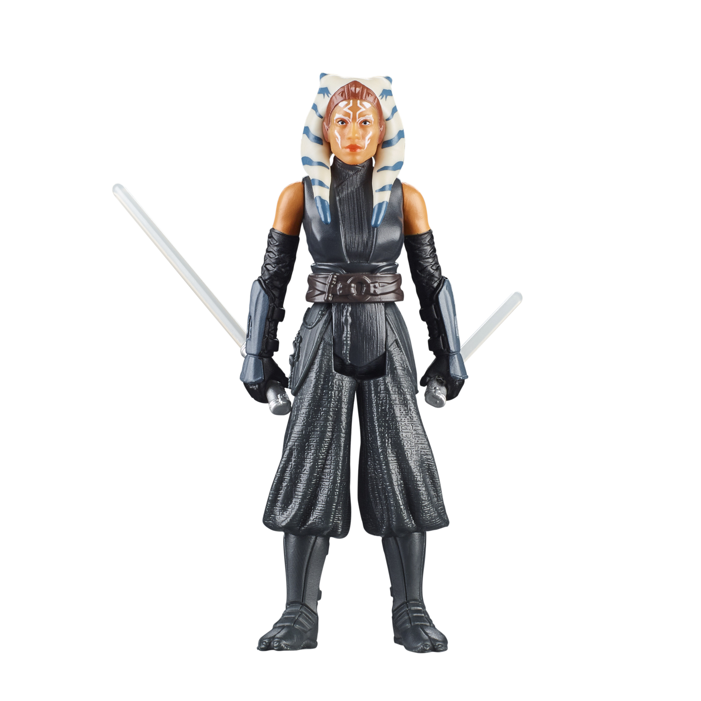 Action figure di Ahsoka Tano con code della testa bianche e blu, che tiene due spade laser.