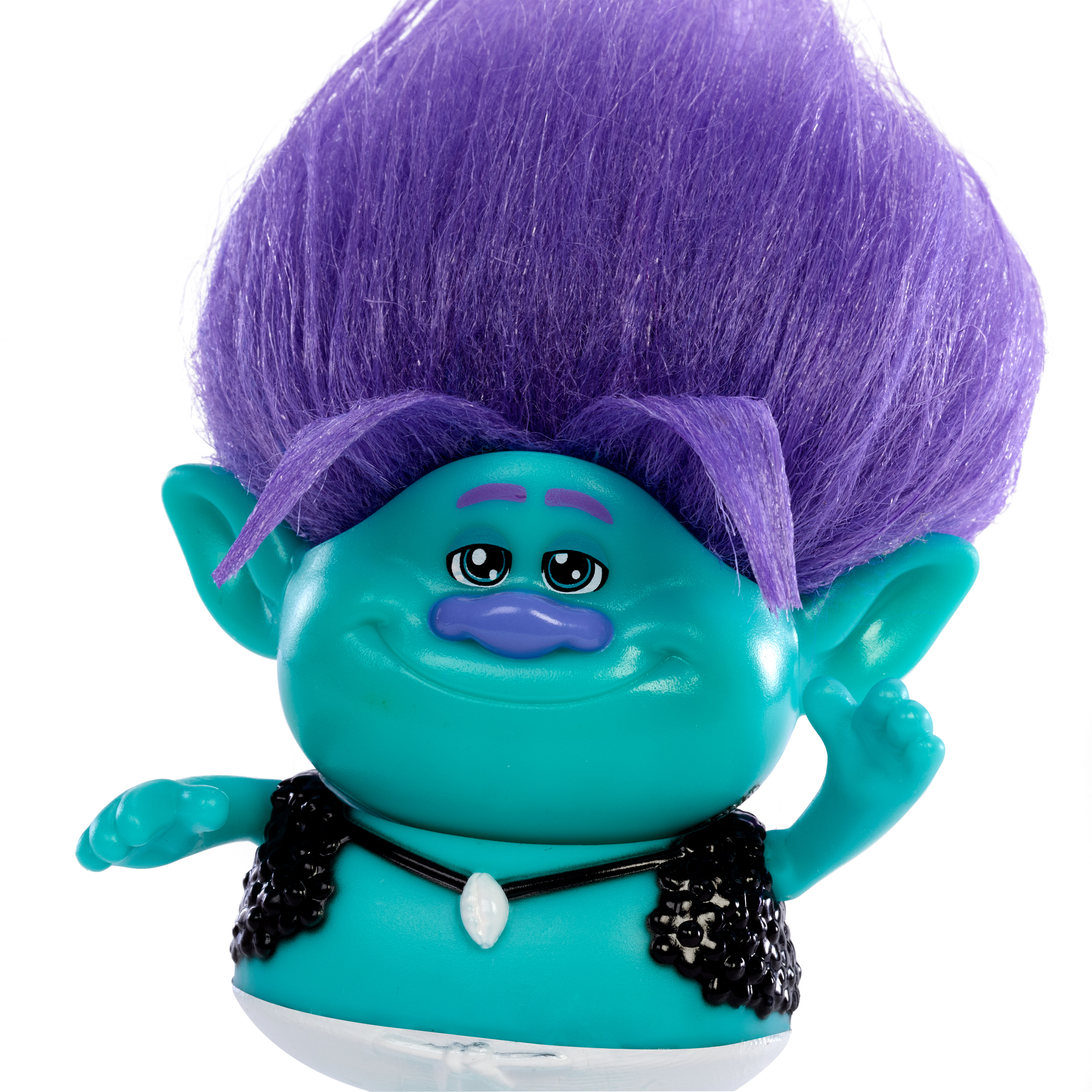 Ein Troll-Spielzeug mit blauer Haut, lila Haaren und einer schwarzen Halskette. Das Spielzeug lächelt und ist fröhlich.