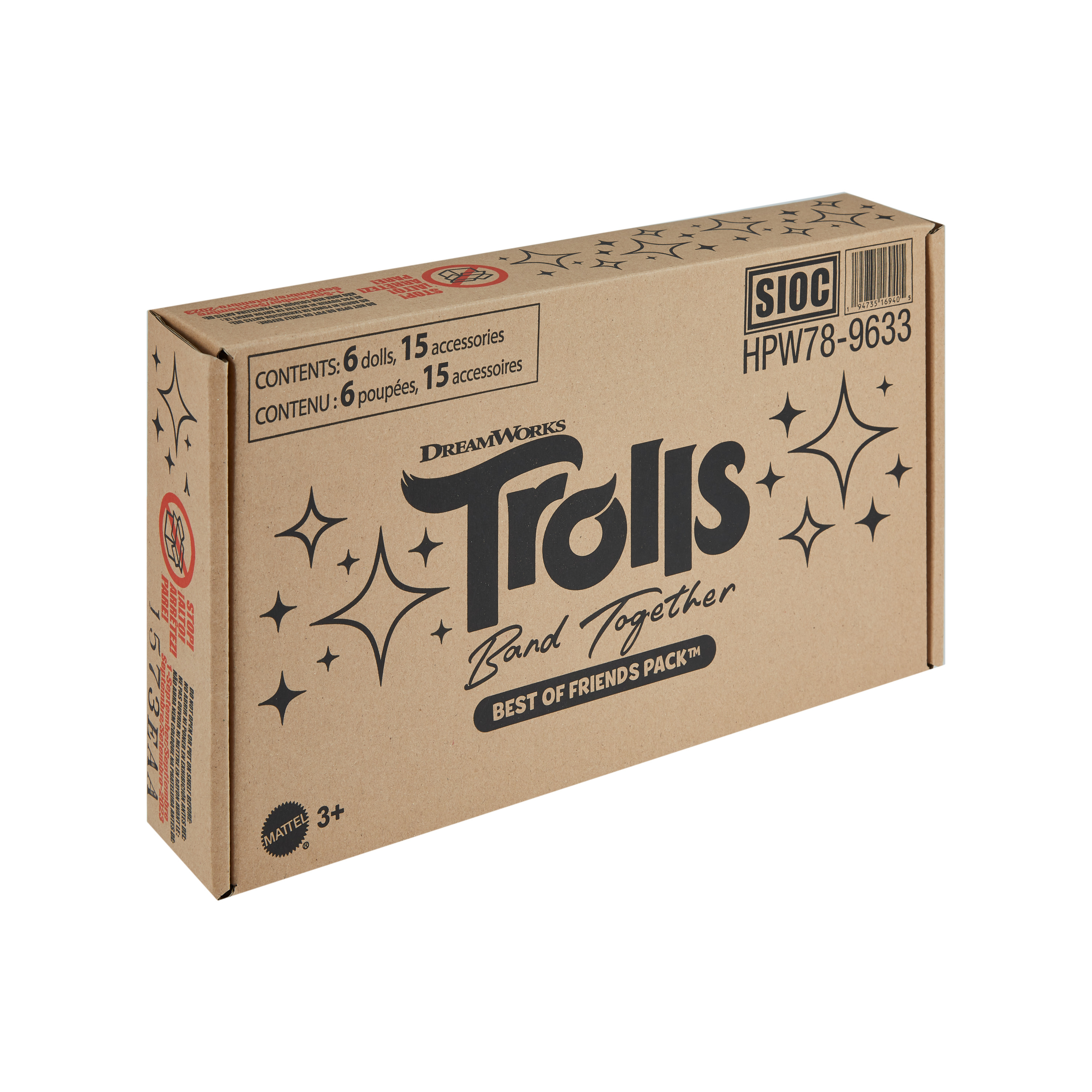 Verpacktes Trolls Spielzeugset. Die Box hat Text und Illustrationen der Trolls-Figuren und sagt 'Best of Friends Pack'.