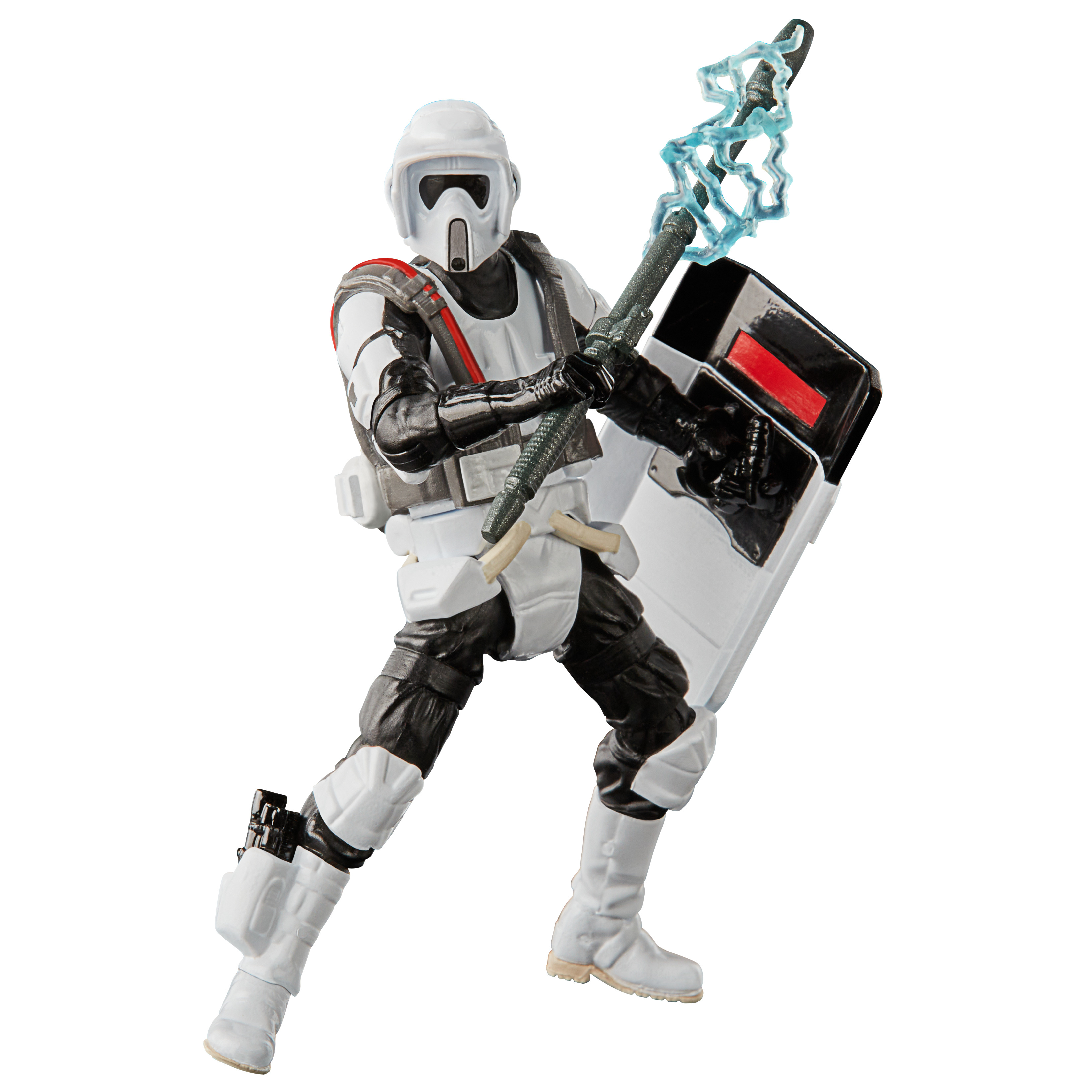 Figurka akcji Gwiezdnych Wojen w biało-czarnym mundurze, trzymająca broń i tarczę.