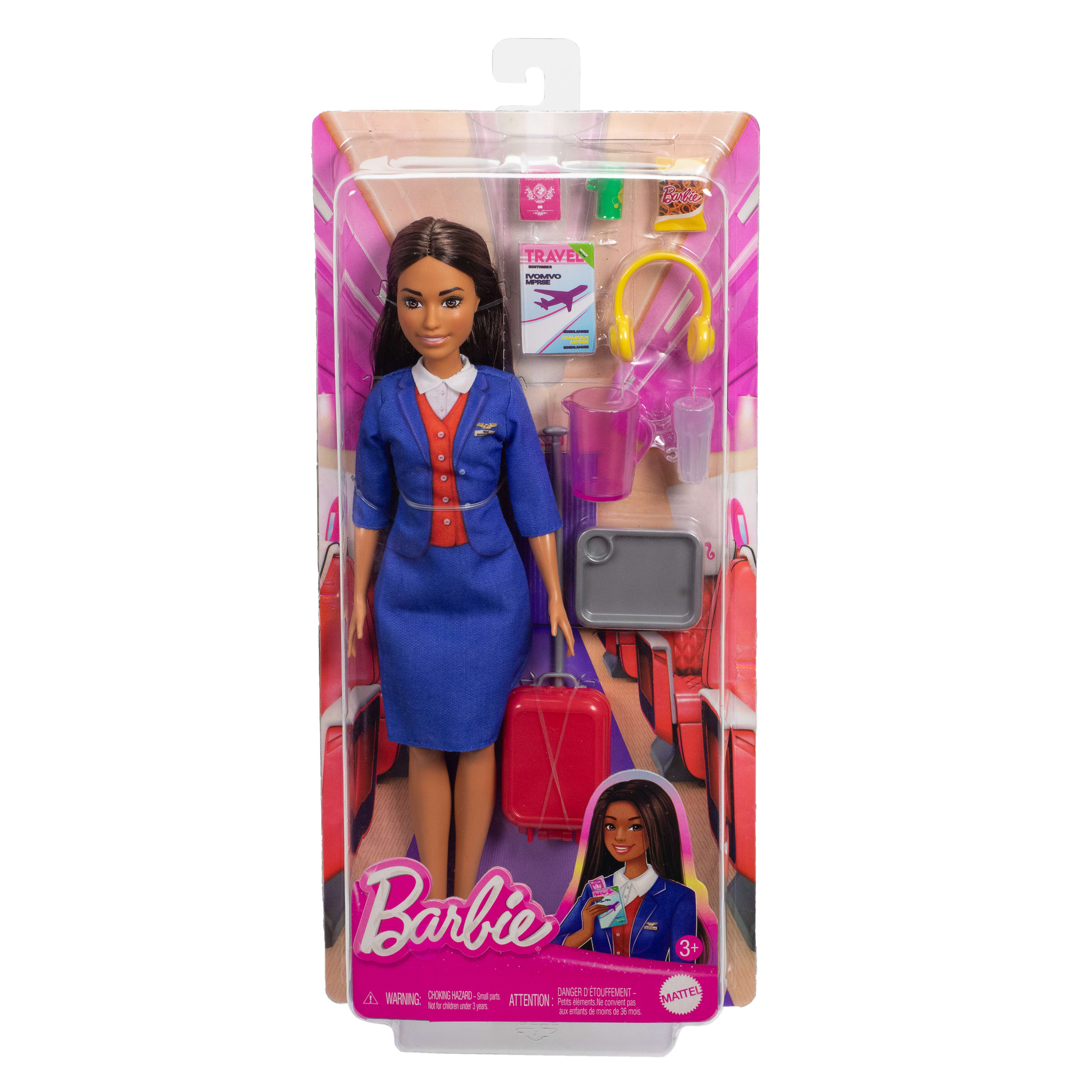Lalka Barbie w mundurku stewardessy, z akcesoriami w opakowaniu.
