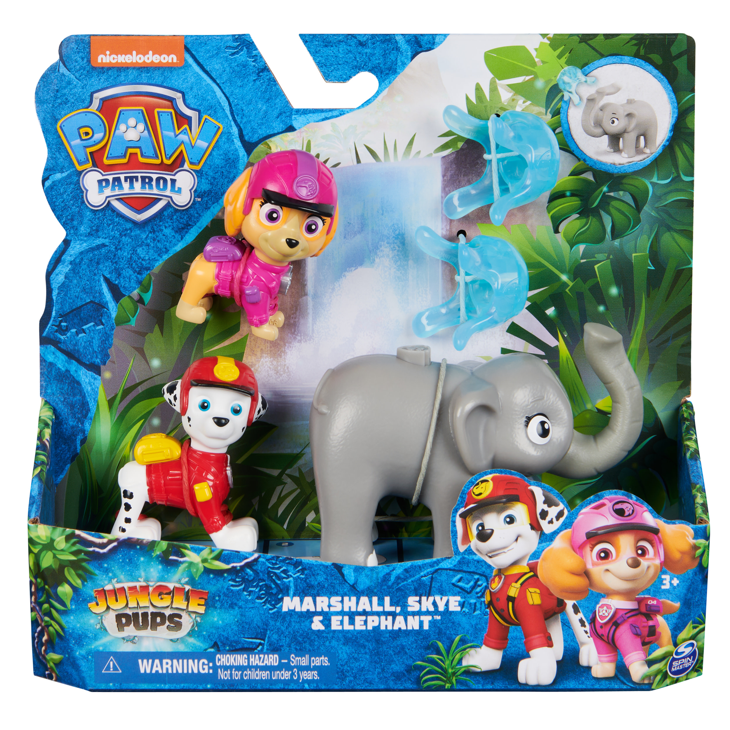 Set di giocattoli Paw Patrol Jungle Pups. Include Skye, Marshall e un elefante. La confezione ha un tema giungla.