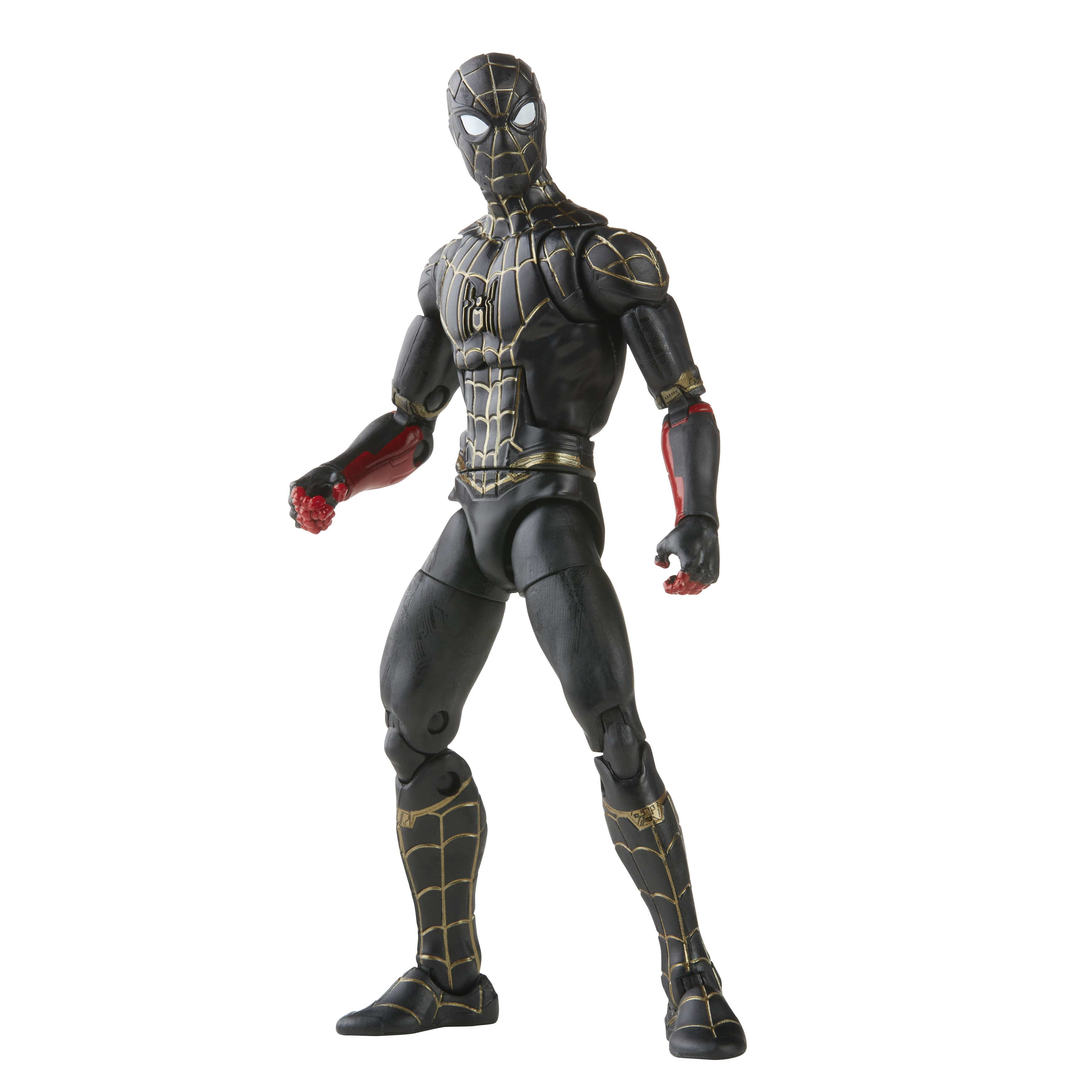 Action figure di Spider-Man in tuta nera e oro. È in una posa dinamica, rivolto allo spettatore.