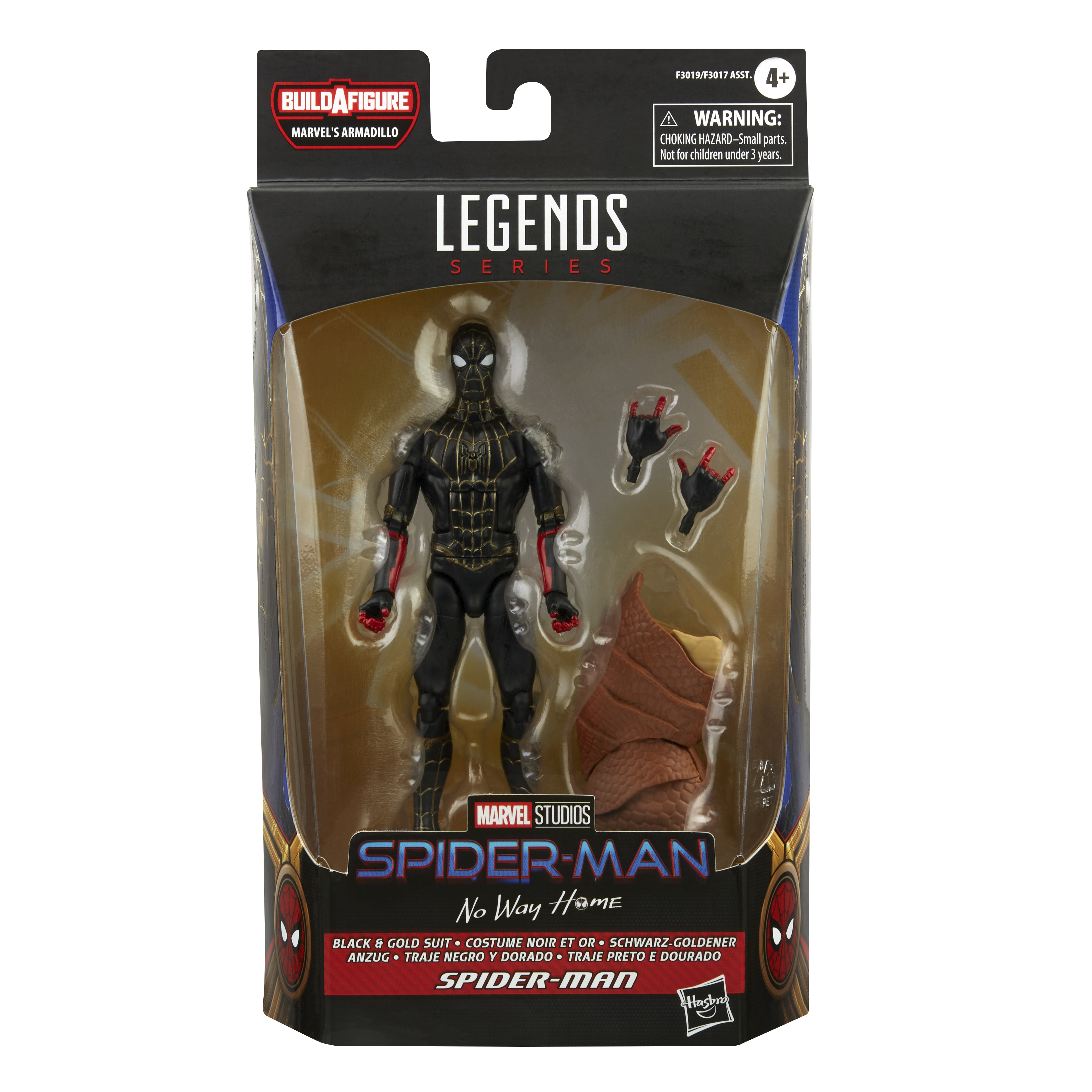 Una confezione di giocattoli di Spider-Man con una figura. La confezione presenta Spider-Man in un costume nero e oro.