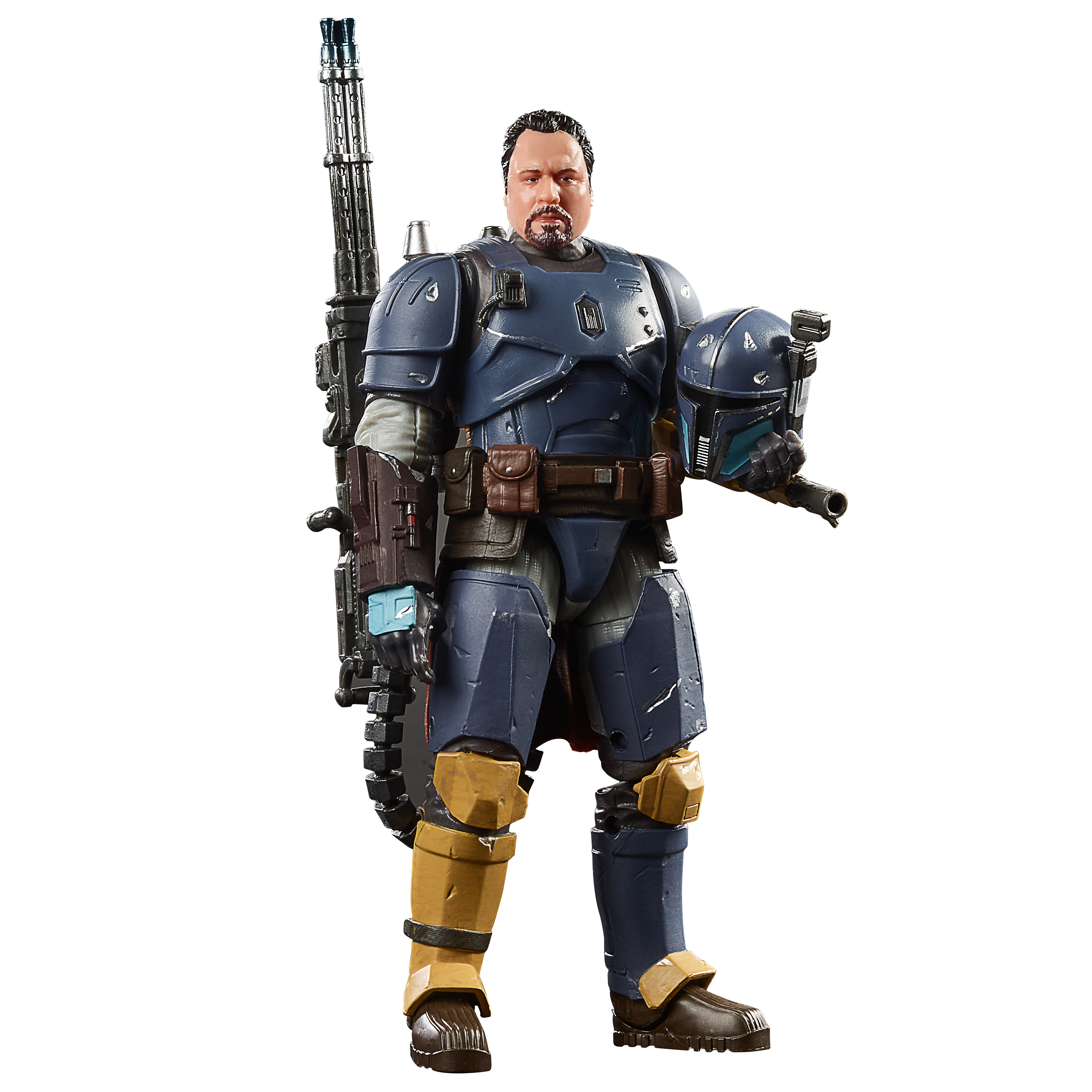 Figura de un hombre con armadura azul y amarilla con un arma. Sostiene un casco y está sobre un fondo blanco.