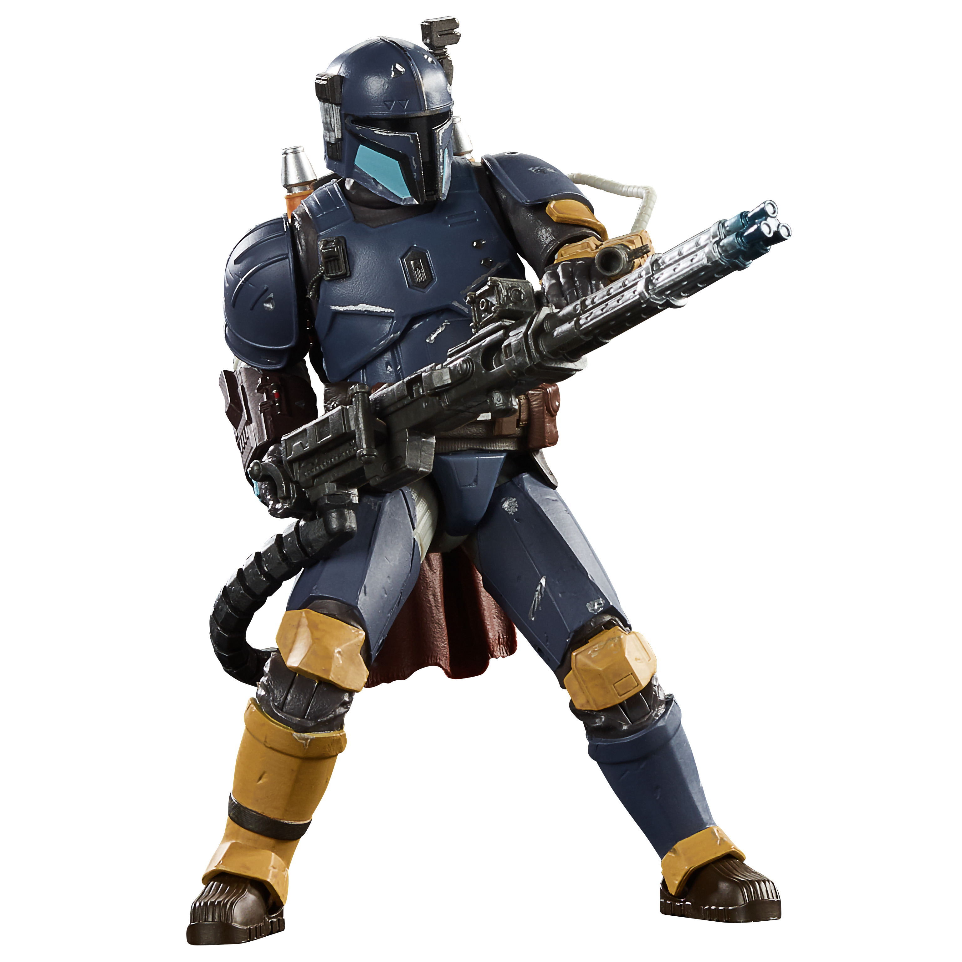 Una figura de acción de Mandalorian sosteniendo un arma grande. La figura está en posición de combate.