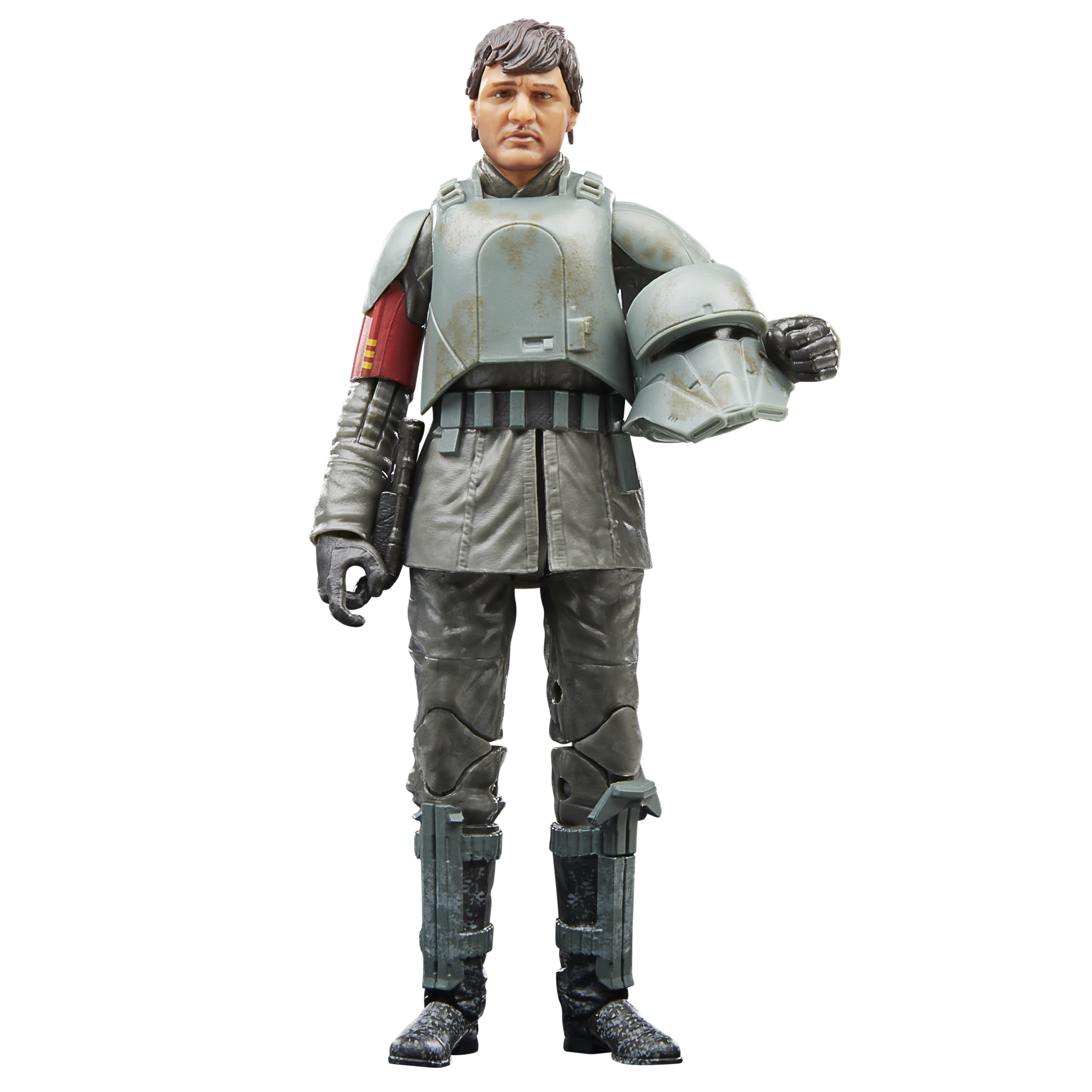 Action figure di un soldato con armatura grigia, con un elmo. Sfondo bianco.