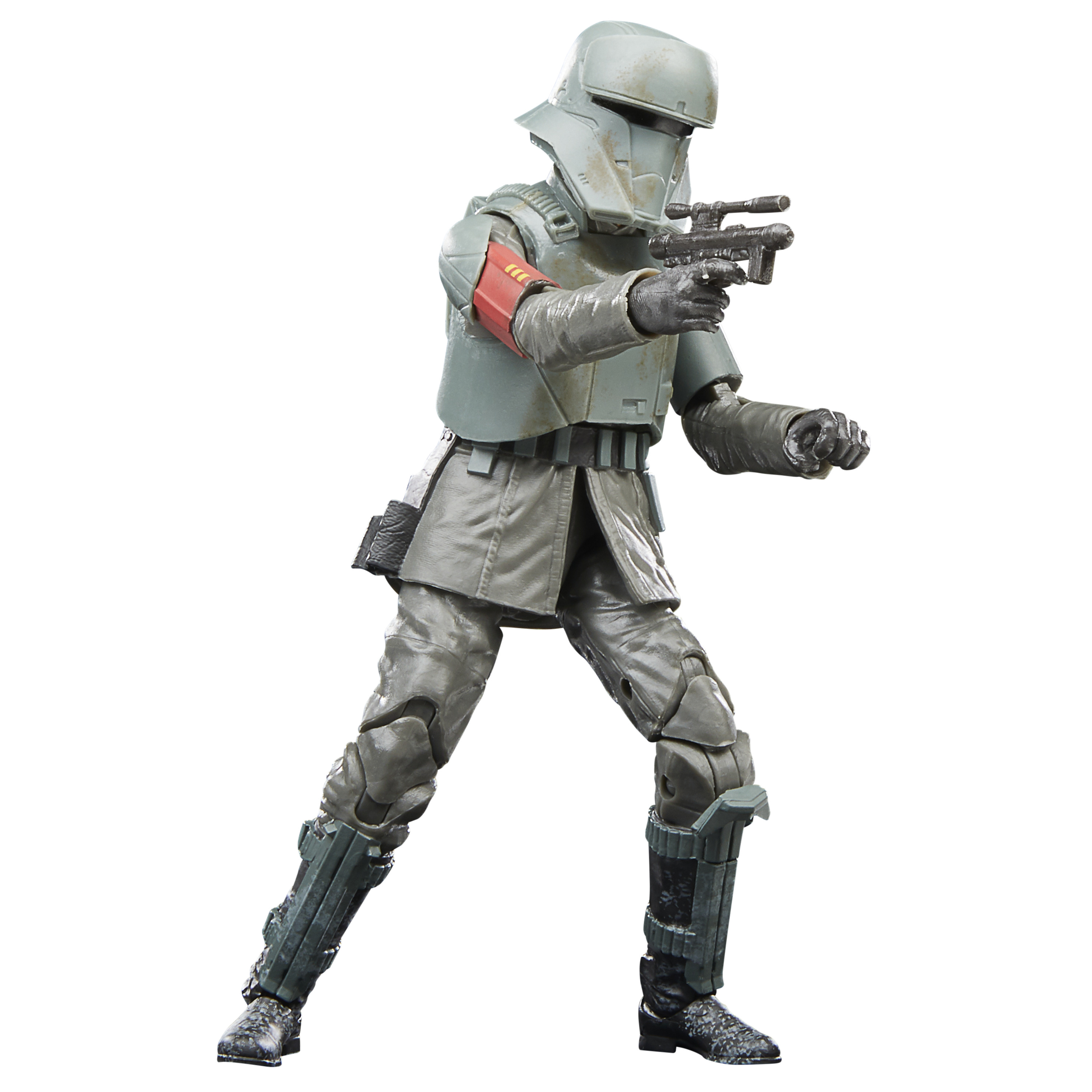 Una figura di Star Wars di un soldato in uniforme grigia, con una pistola. La figura è in posa da combattimento.