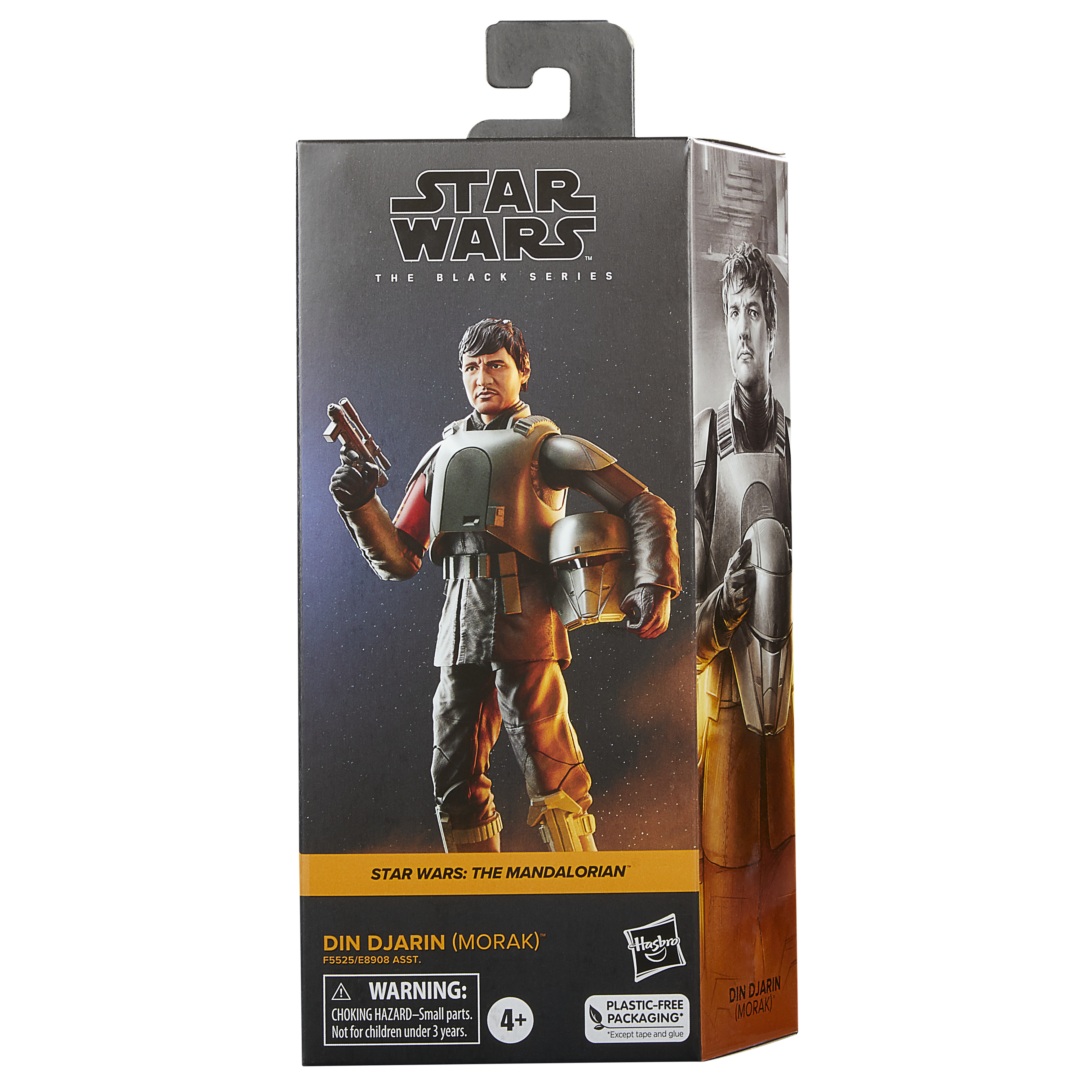 Scatola di action figure di Star Wars. Mostra una figura di Din Djarin che tiene una pistola e un elmetto. Imballaggio nero.