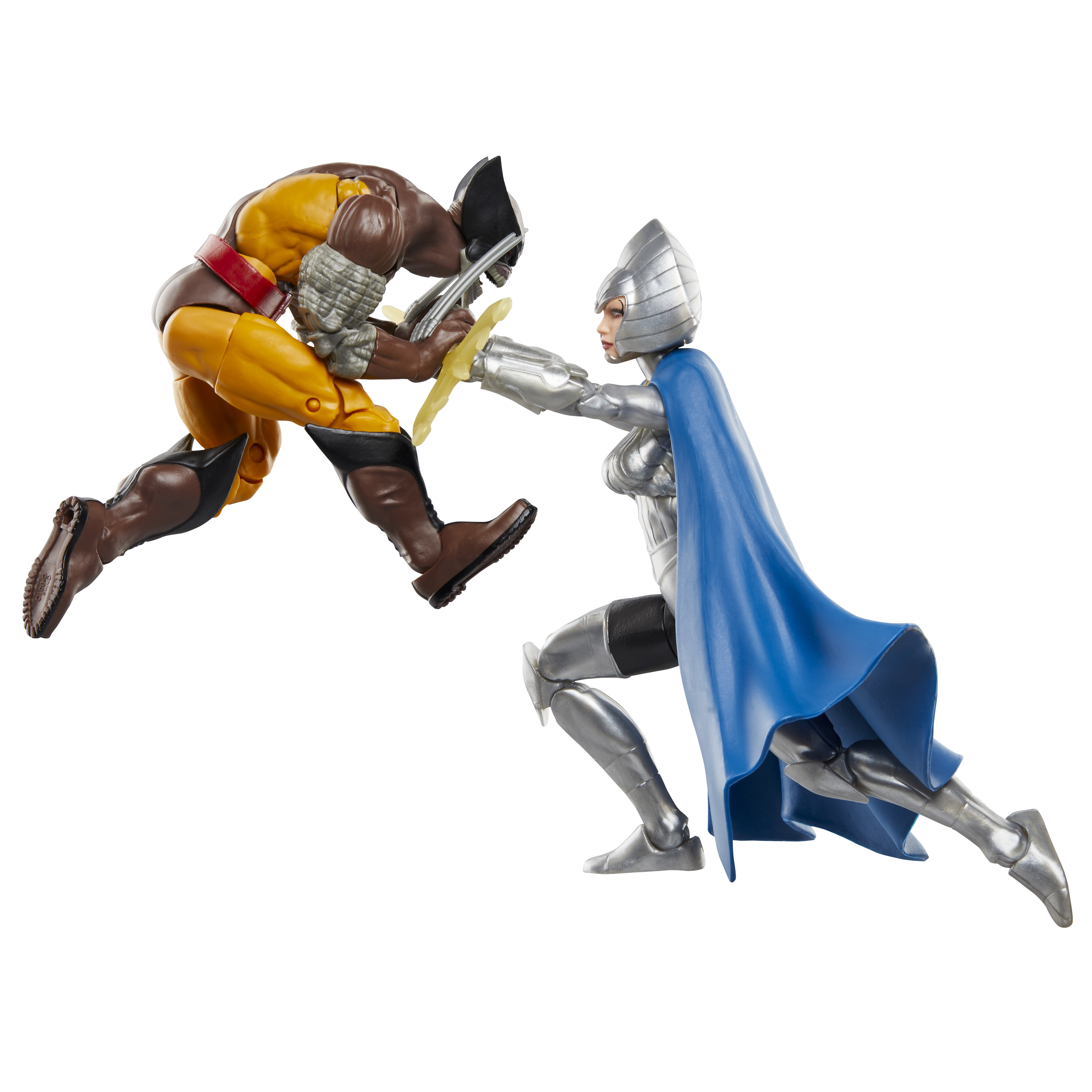 Wolverine combatte contro una donna cavaliere con una spada. Posizione dinamica con sfondo bianco.