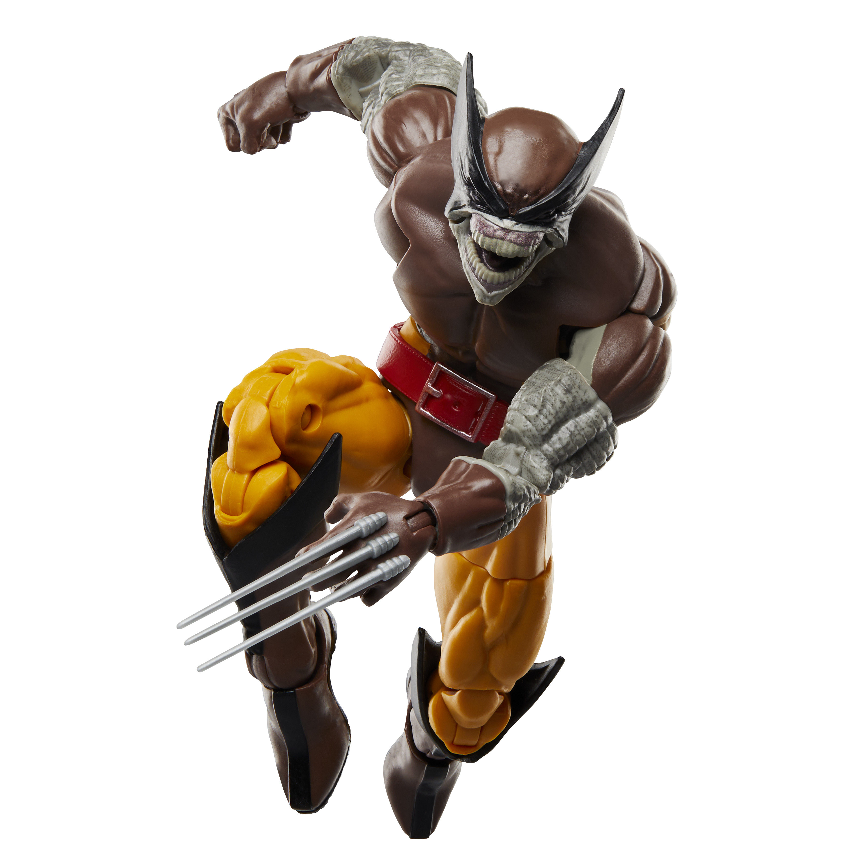 Action figure di Wolverine in posa di salto, con artigli estesi. Costume marrone e giallo con cintura rossa.
