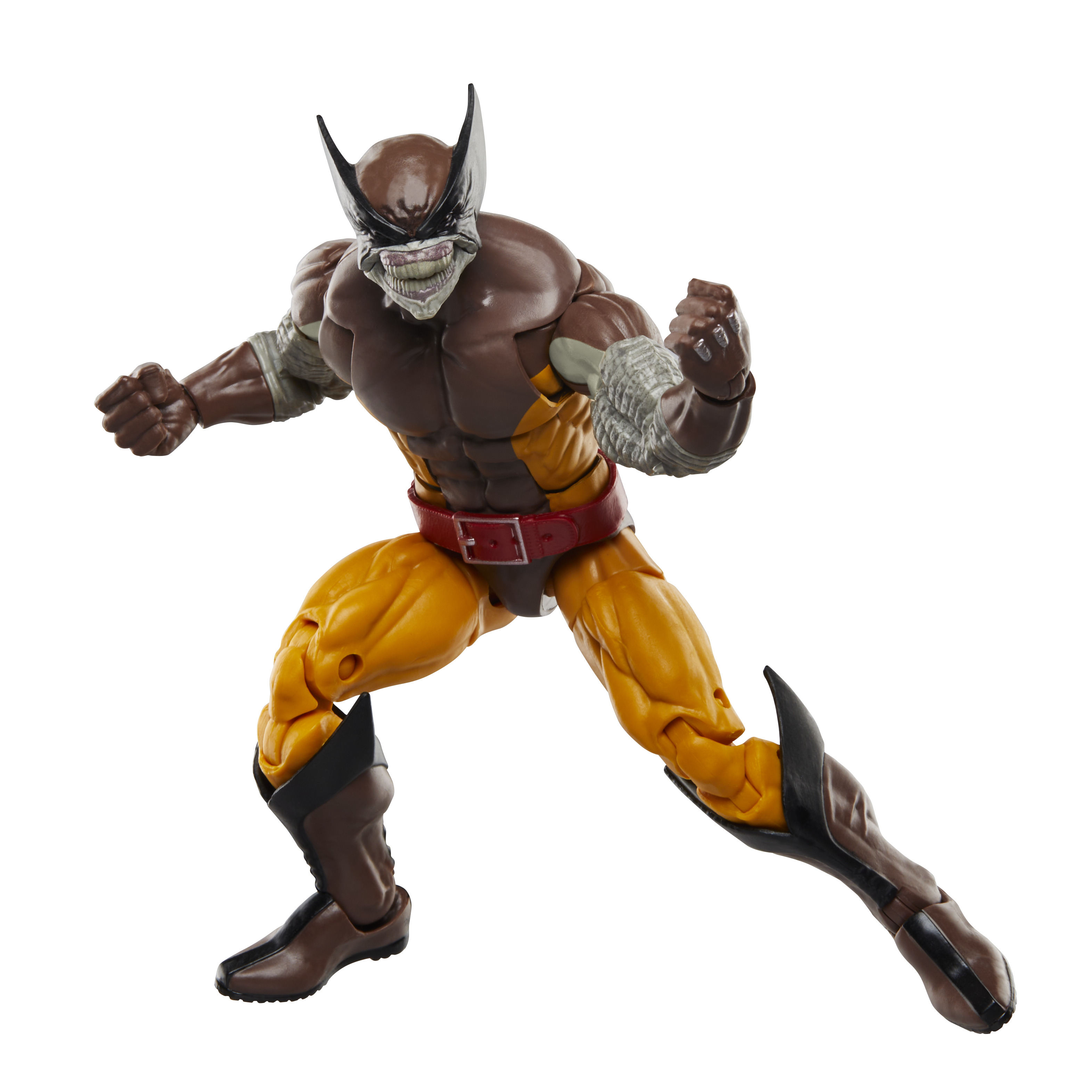 Action figure di Wolverine in posa dinamica, colori marrone e giallo con maschera.