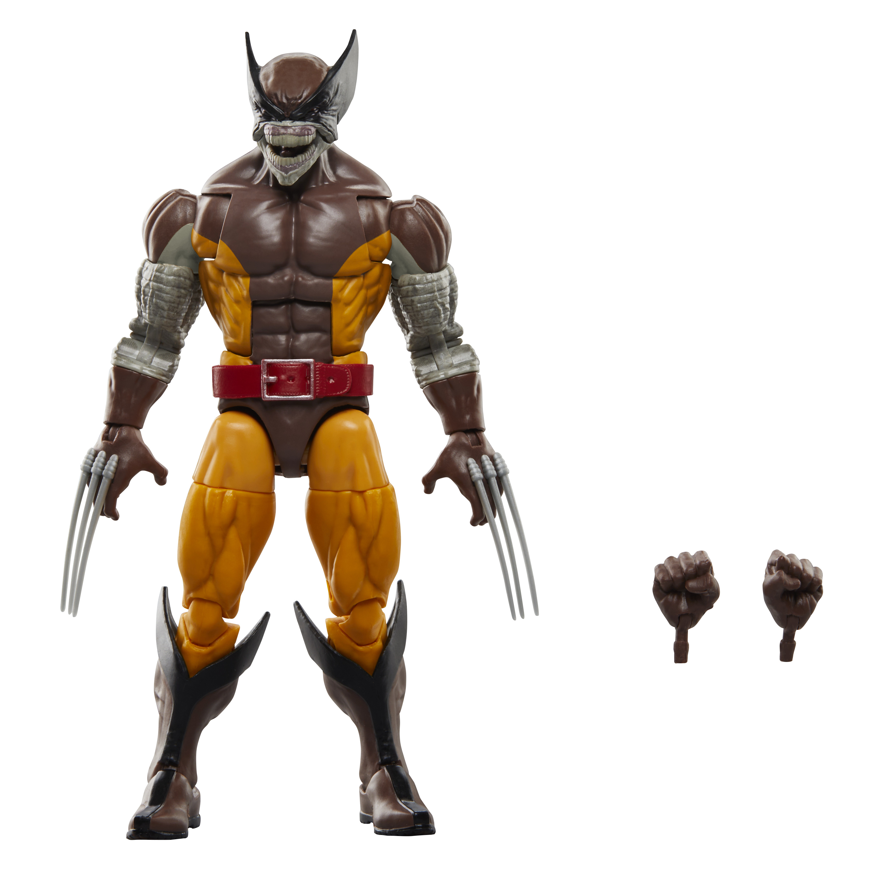 Action figure di Wolverine con artigli e pugni. Costume giallo e marrone. Sfondo bianco.