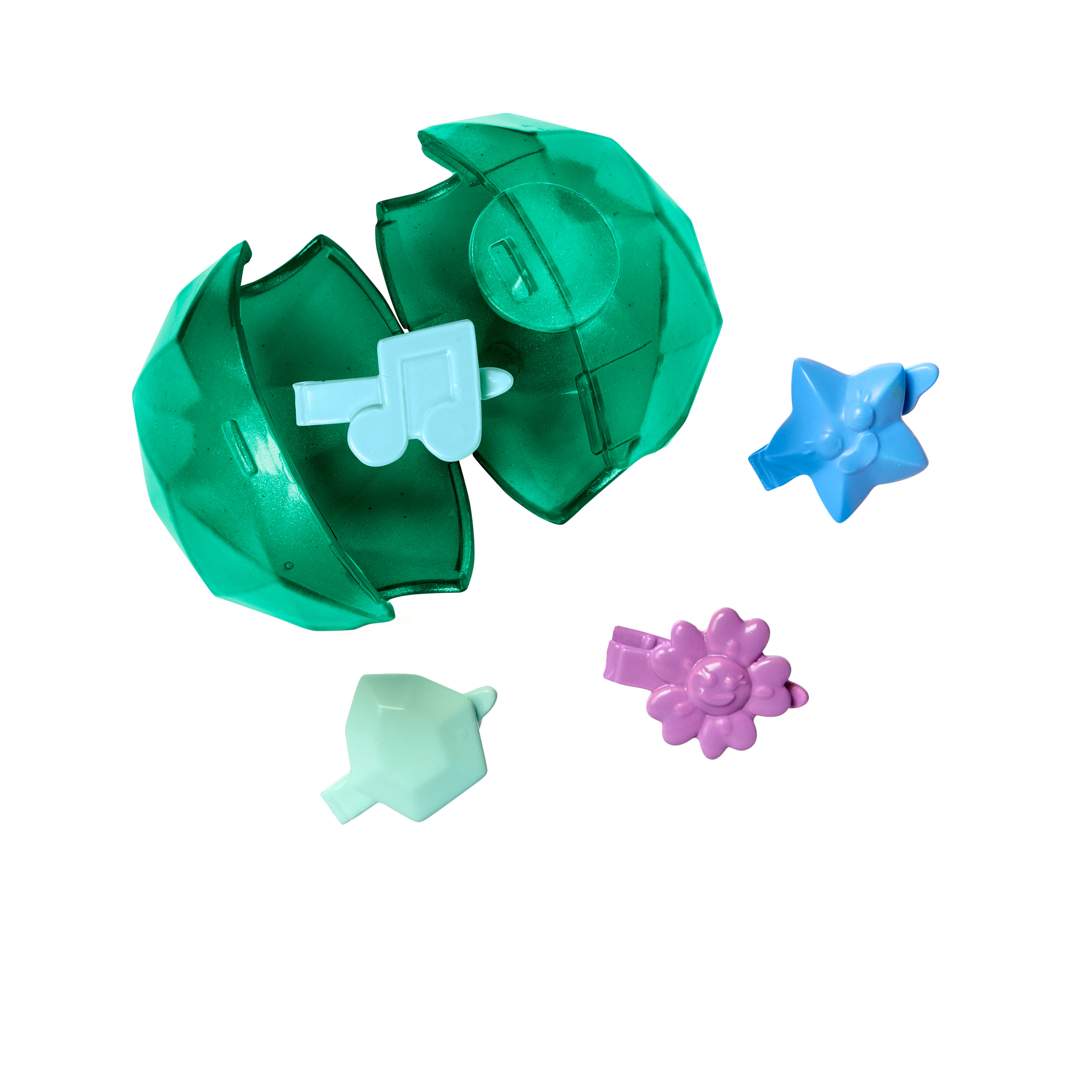 Grüner, edelsteinartiger Behälter, offen, mit blauem Notenring und anderen bunten Ringen.