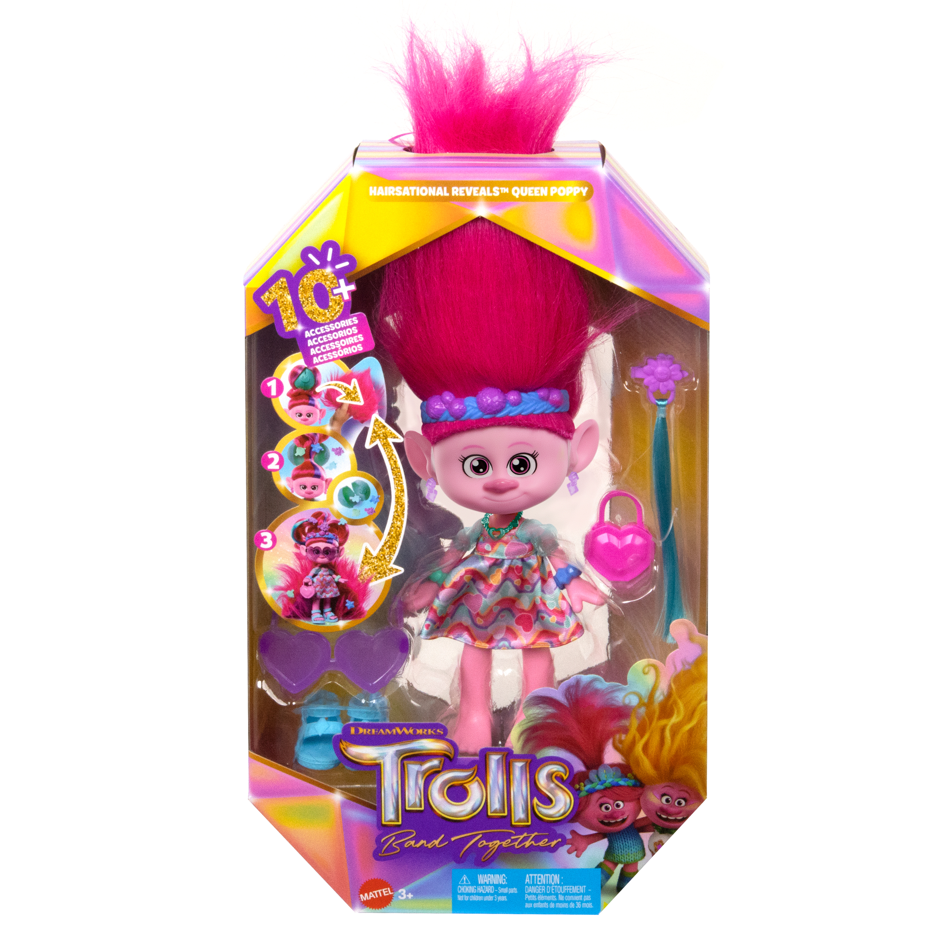 Trolls Queen Poppy Puppe in der Box. Rosa Haare, Kleid und Accessoires. Die Verpackung hat ein glitzerndes, farbenfrohes Design.