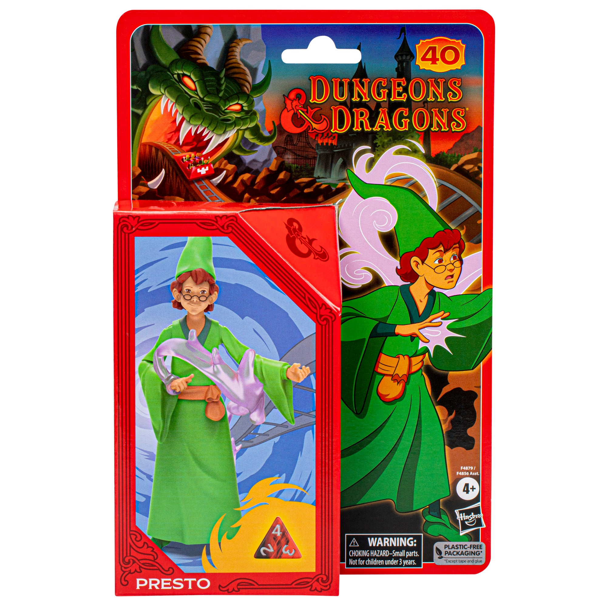 Eine Dungeons & Dragons Spielzeugverpackung mit einer grün gekleideten Zaubererfigur und Zubehör.