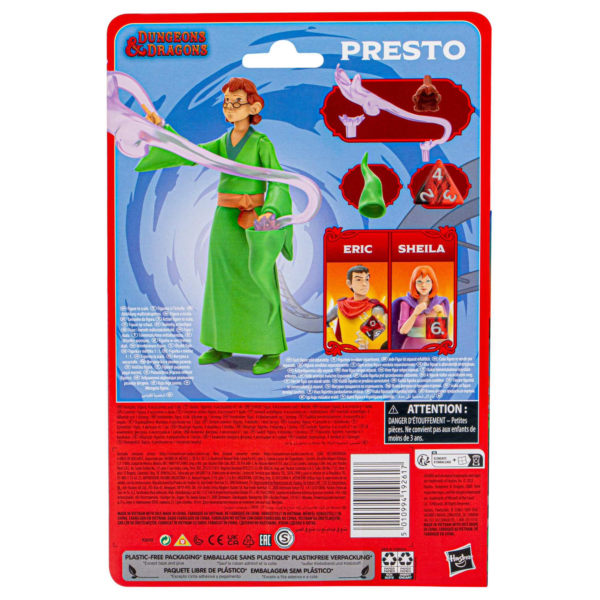 Die Rückseite einer Spielzeugverpackung mit Cartoonfiguren und Text, die Warnungen anzeigen.
