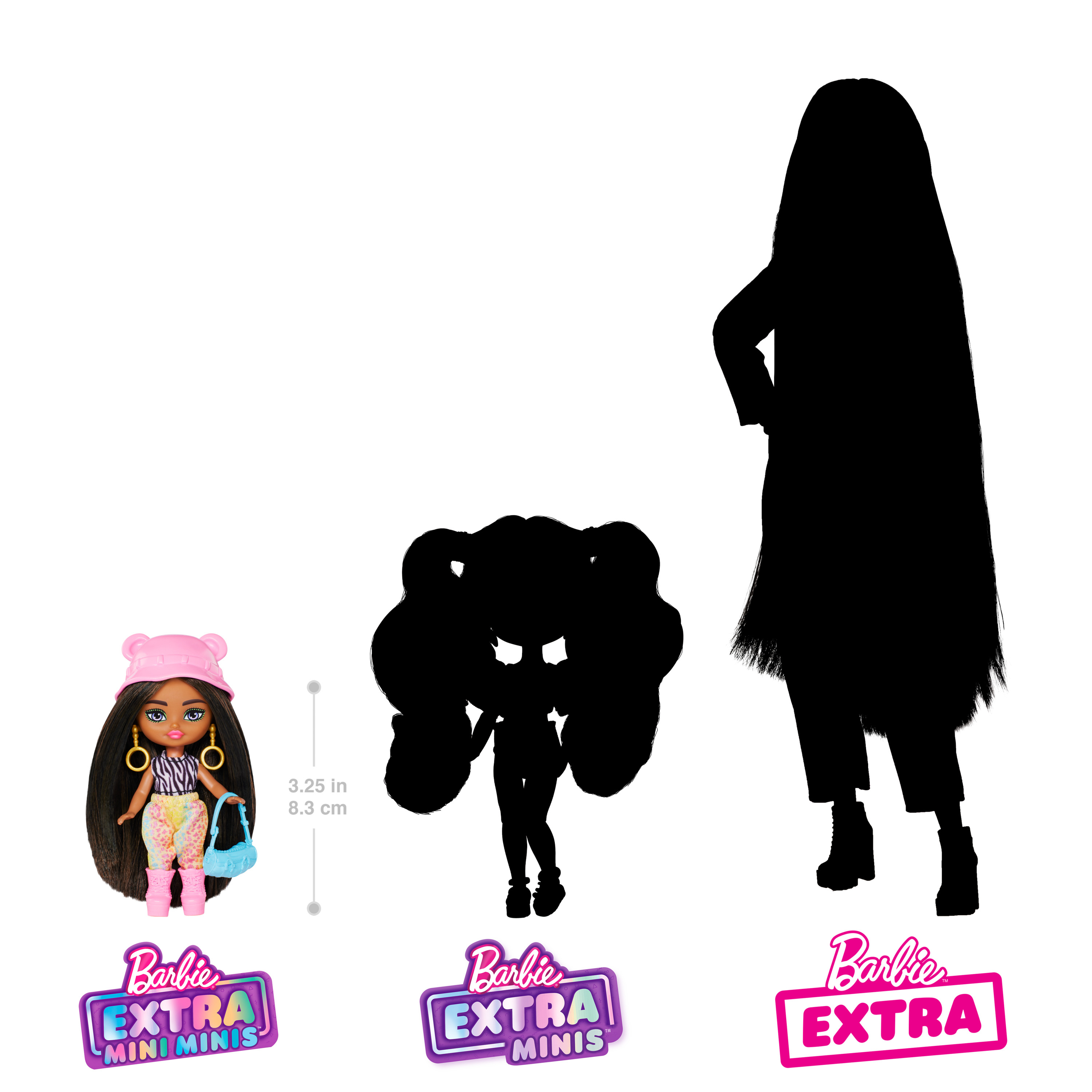 Barbie Extra MiniMinis Puppe, mit Silhouetten von zwei anderen Puppen und Barbie Extra Logo.