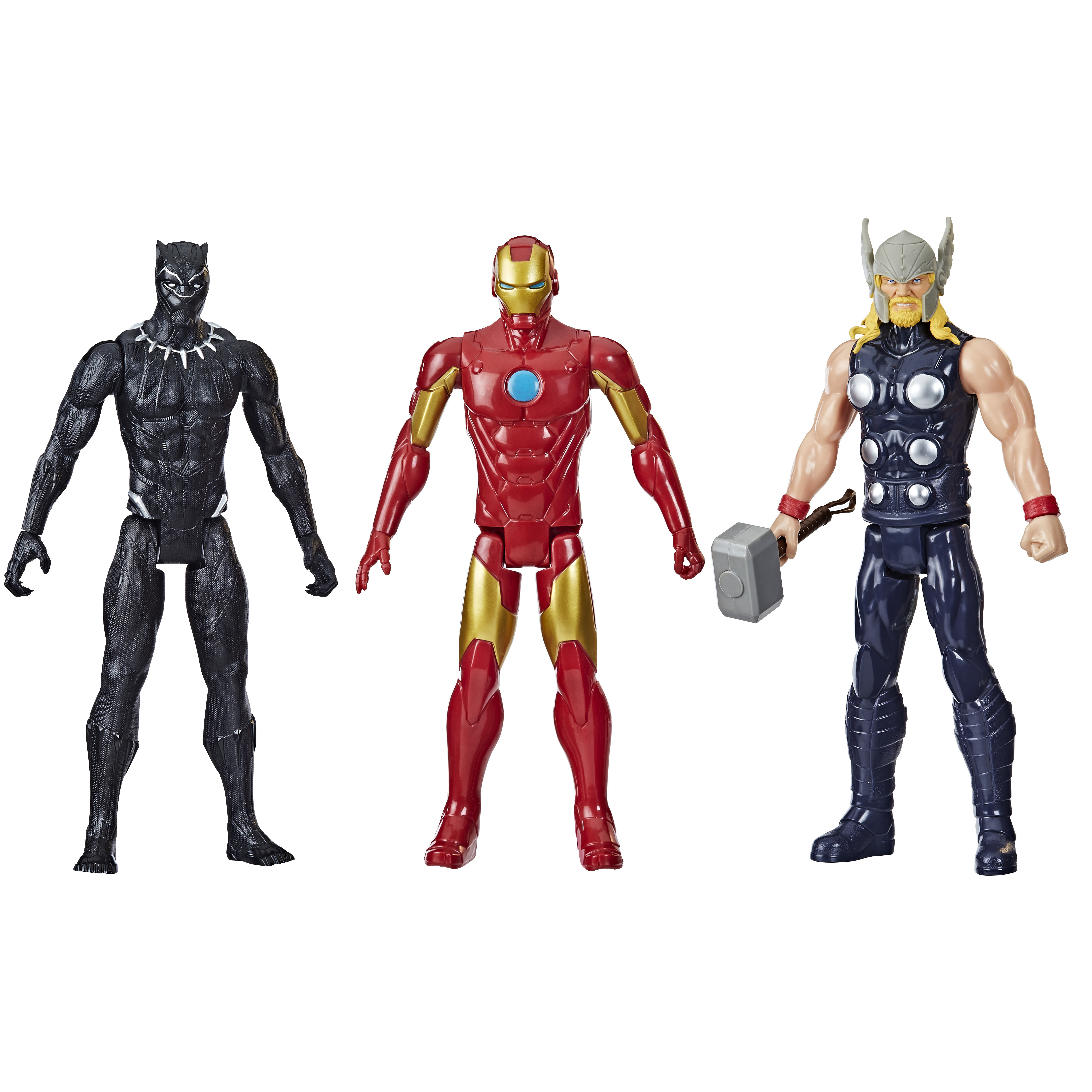 Action figure di Black Panther, Iron Man e Thor in piedi fianco a fianco su sfondo bianco.