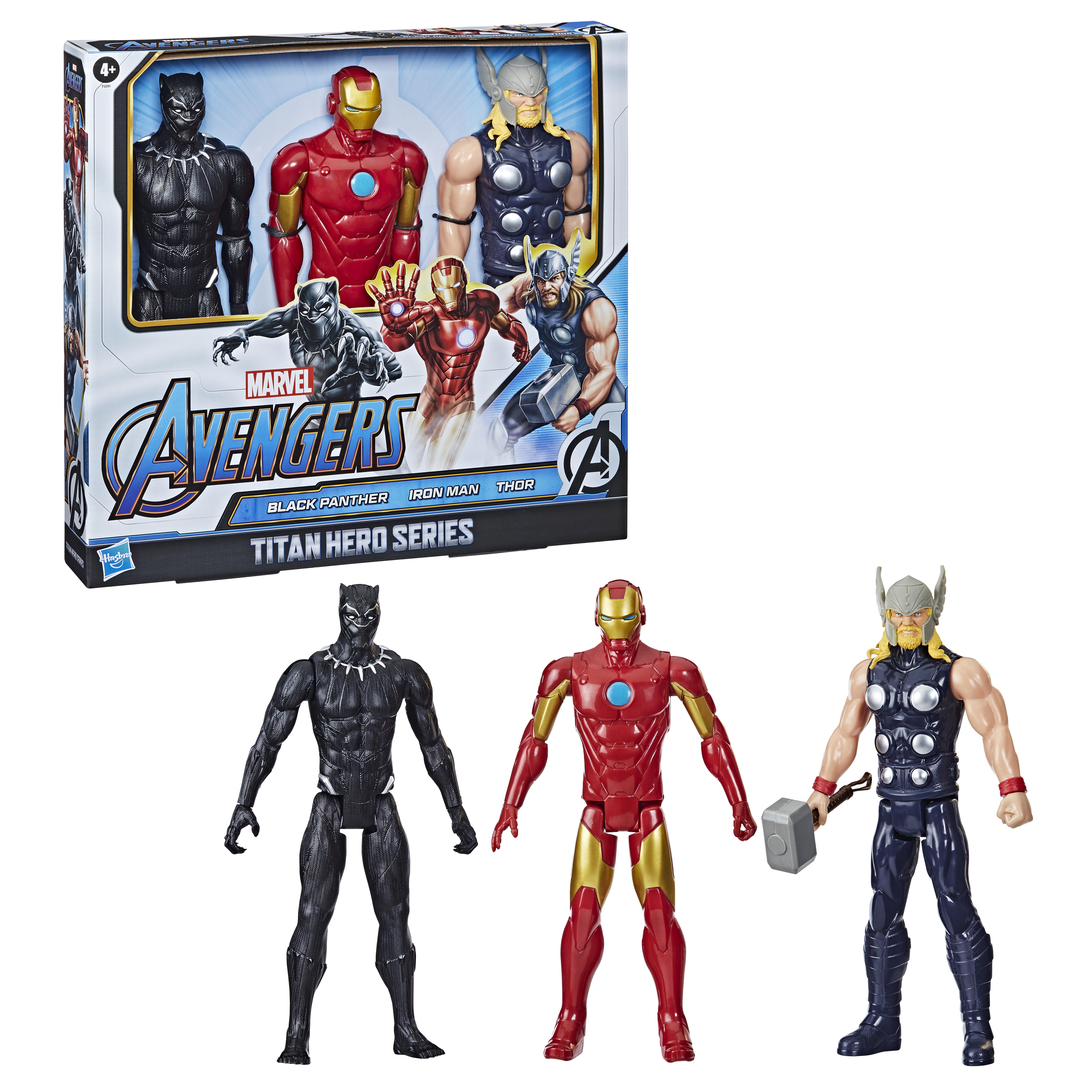 Personaggi Marvel Avengers Titan Hero Series in una scatola e tre action figure fuori dalla scatola.